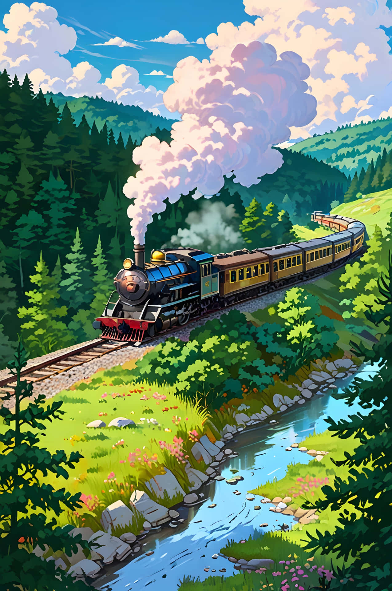 Vintage Train Through the Valley 壁紙 — 一輛復古蒸汽火車在明亮藍天和蓬鬆白雲下，沿著蜿蜒河流旁茂密的綠色森林行駛。