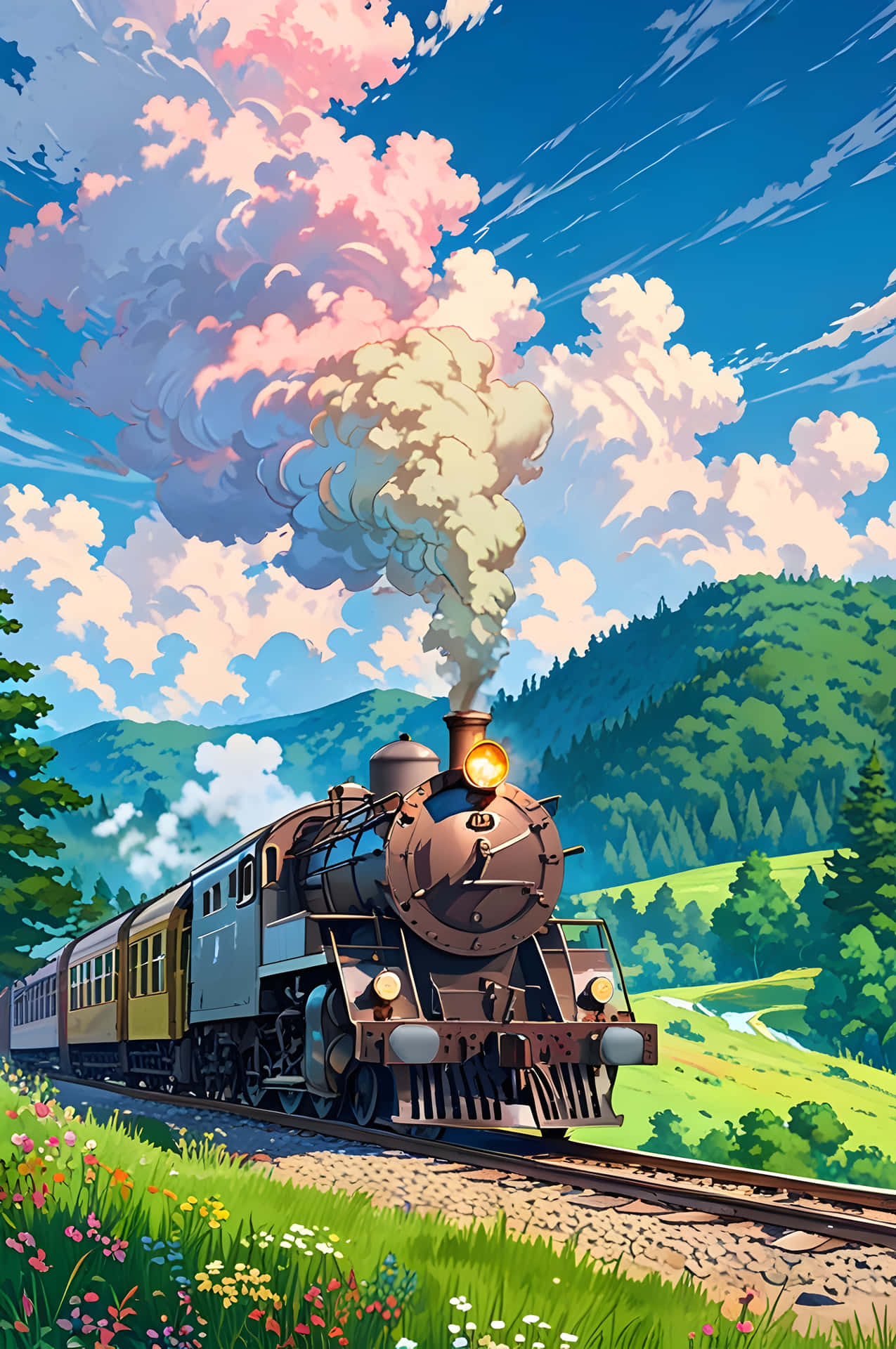 Highland Steam Express 壁紙 — 一輛復古蒸汽火車在粉紅色和藍色雲彩繪製的天空下，穿過充滿活力的綠色山谷。
