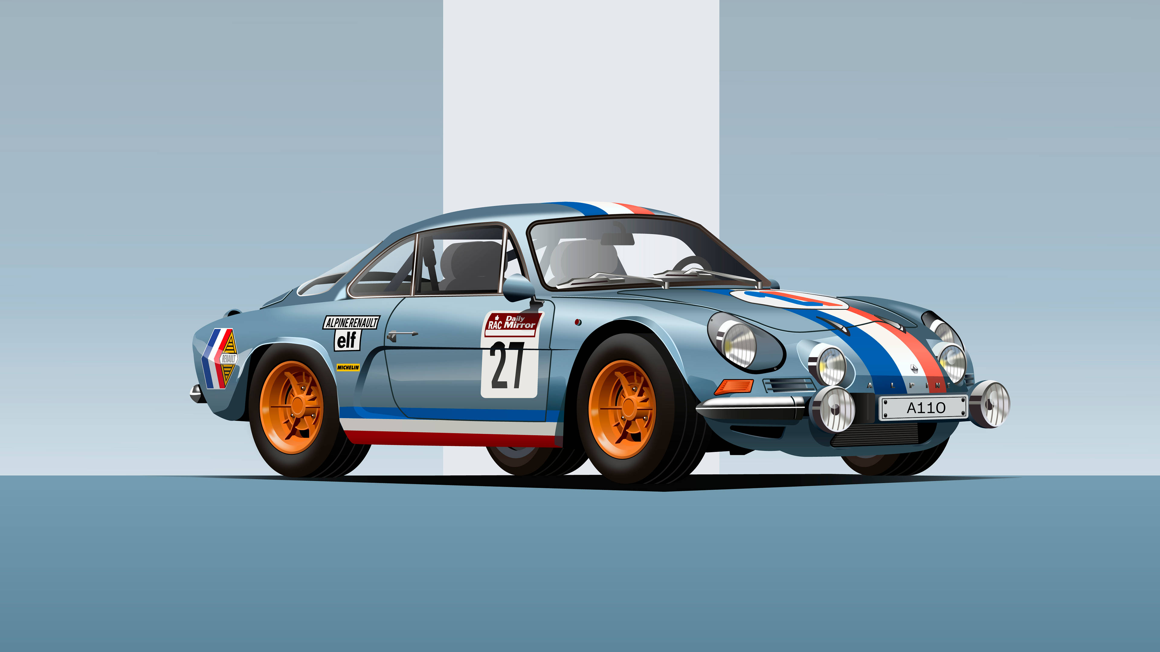 復古 桌布 壁紙 — 一輛復古藍色Alpine A110拉力賽車，配備橙色輪圈和賽車條紋，在極簡工作室背景前蓄勢待發。