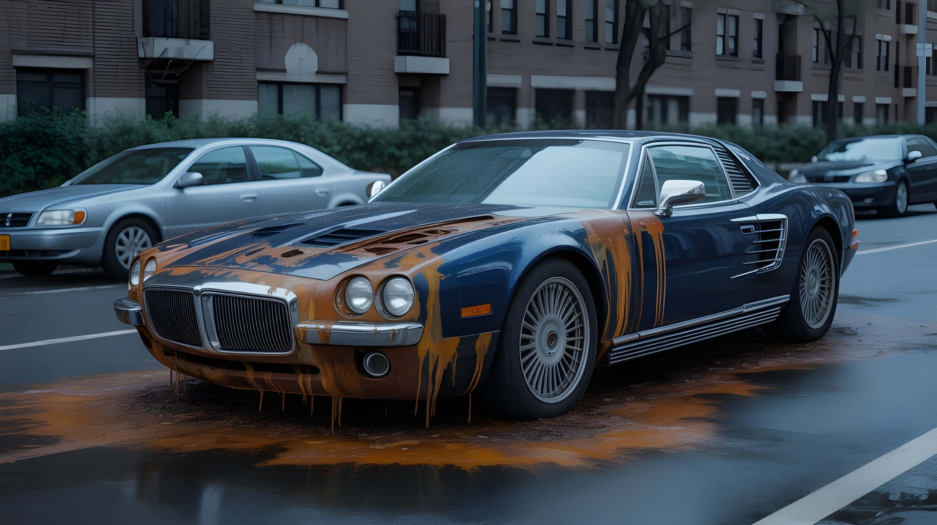 Vintage Blue Luxury Car With Artistic Rust Textures Wallpaper 壁紙 — 一輛復古藍色跑車，橙色油漆沿車身滴落，停放在濕漉漉的城市街道上。