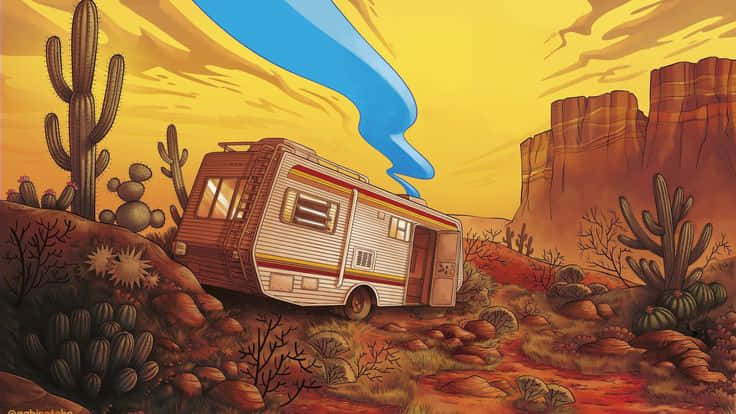 Breaking bad 壁紙 — 一輛復古露營車在沙漠峽谷中休息，夕陽西下，車頂流出一條超現實的藍色河流。