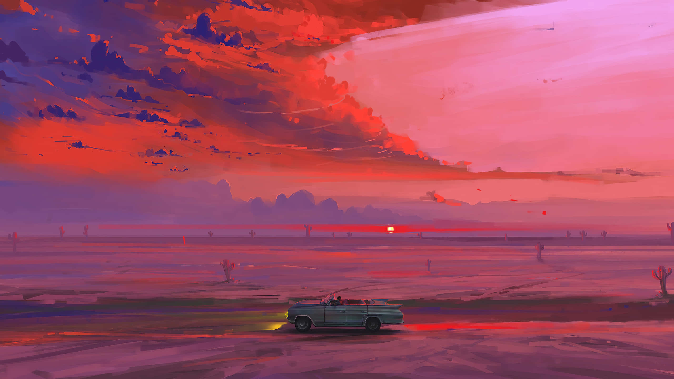 Sunset Aesthetic 桌布 壁紙 — 一輛復古青綠色敞篷車在熾熱的紅色和紫色日落天空下穿越廣闊的沙漠。