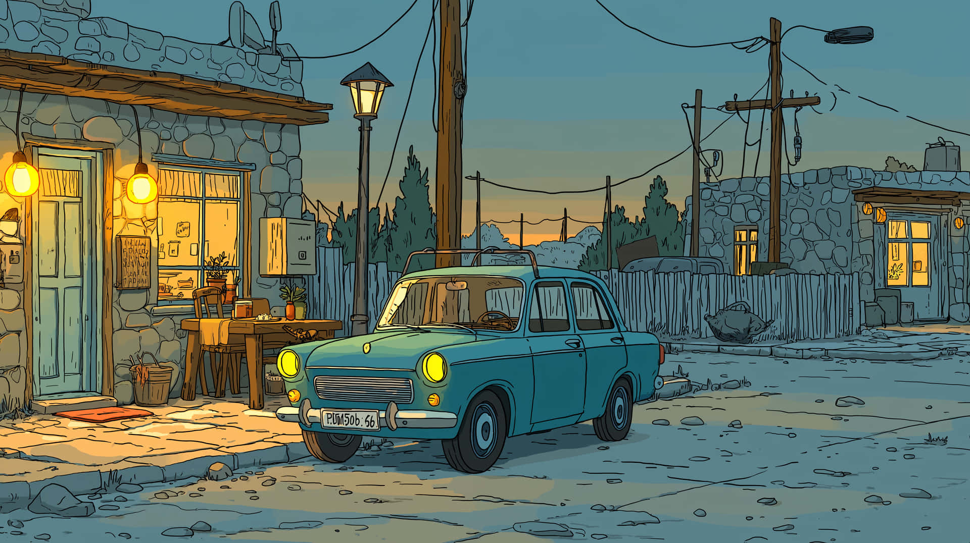 Quaint Village Street with Classic Car at Twilight 壁紙 — 一輛復古青綠色汽車在黃昏時停泊在塵土飛揚的街道上，外面是一座溫暖照明的石頭建築，掛著發光的燈籠。