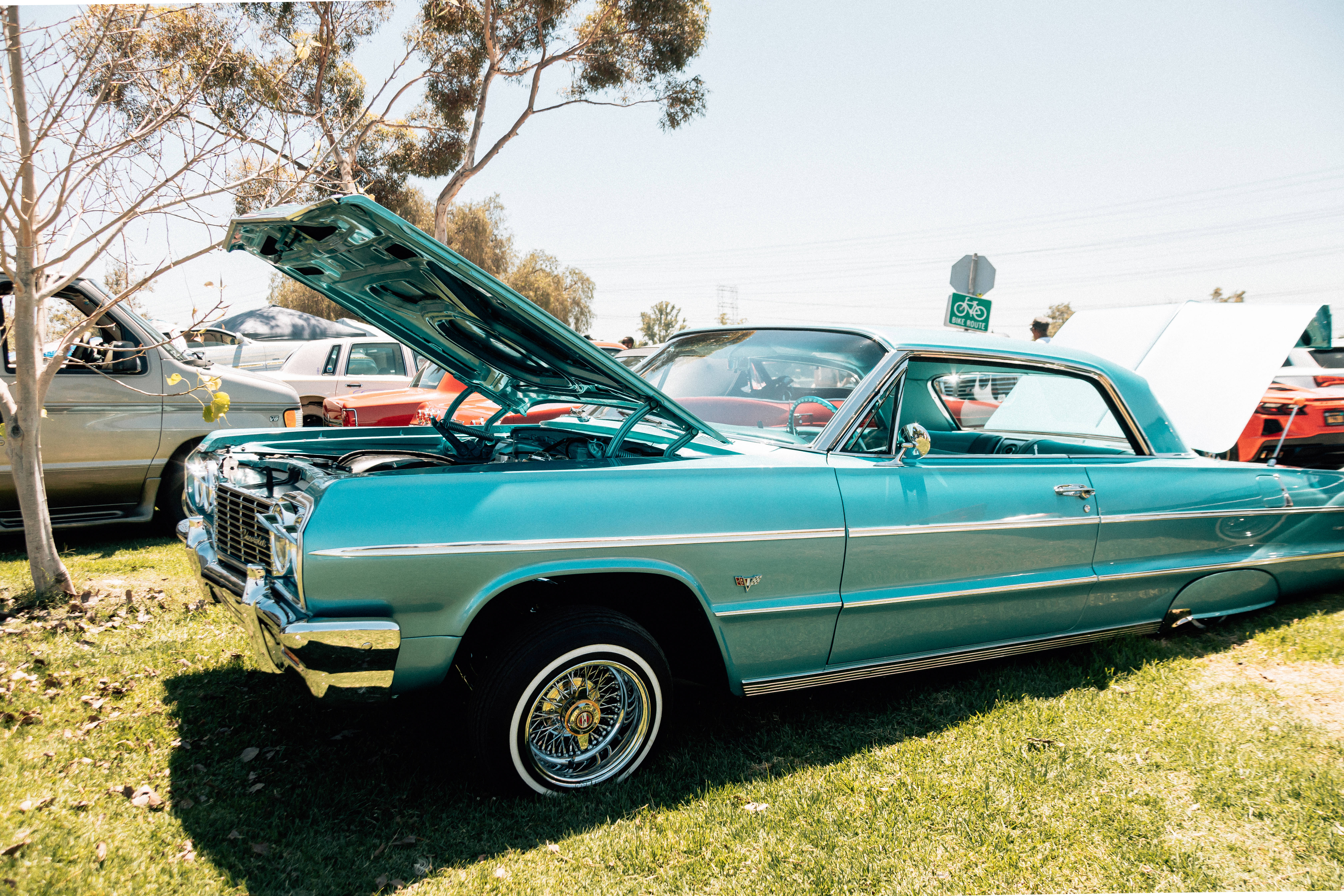 Lowrider 桌布 壁紙 — 一輛復古青綠色汽車打開引擎蓋，在陽光明媚的草地上閃閃發光，周圍環繞著樹木和其他經典車輛。