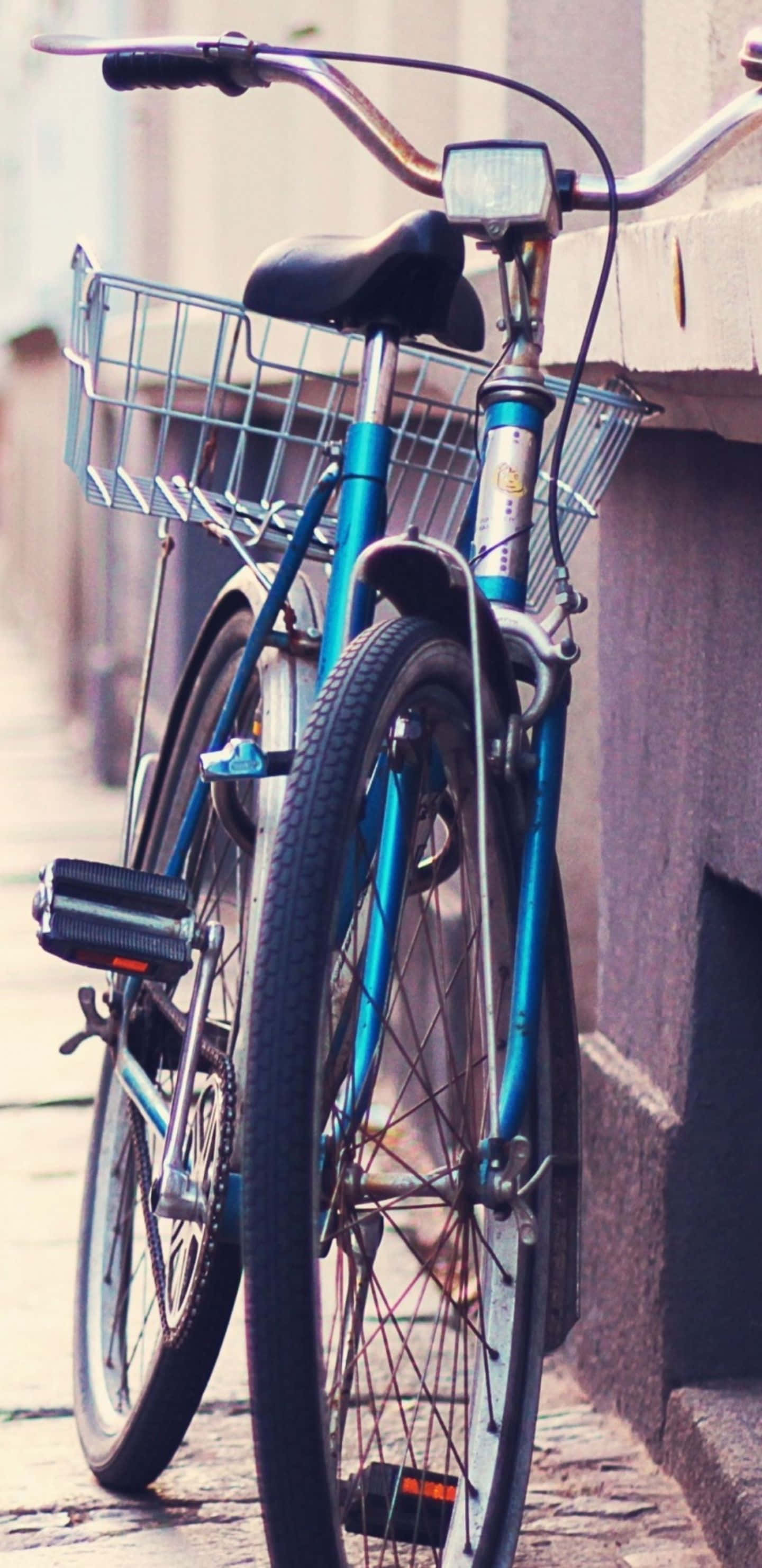 Pixel 3xl Bikes 桌布 壁紙 — 一輛復古青綠色自行車，配有鐵絲籃，倚靠在陽光明媚的鵝卵石街道上的石牆上。