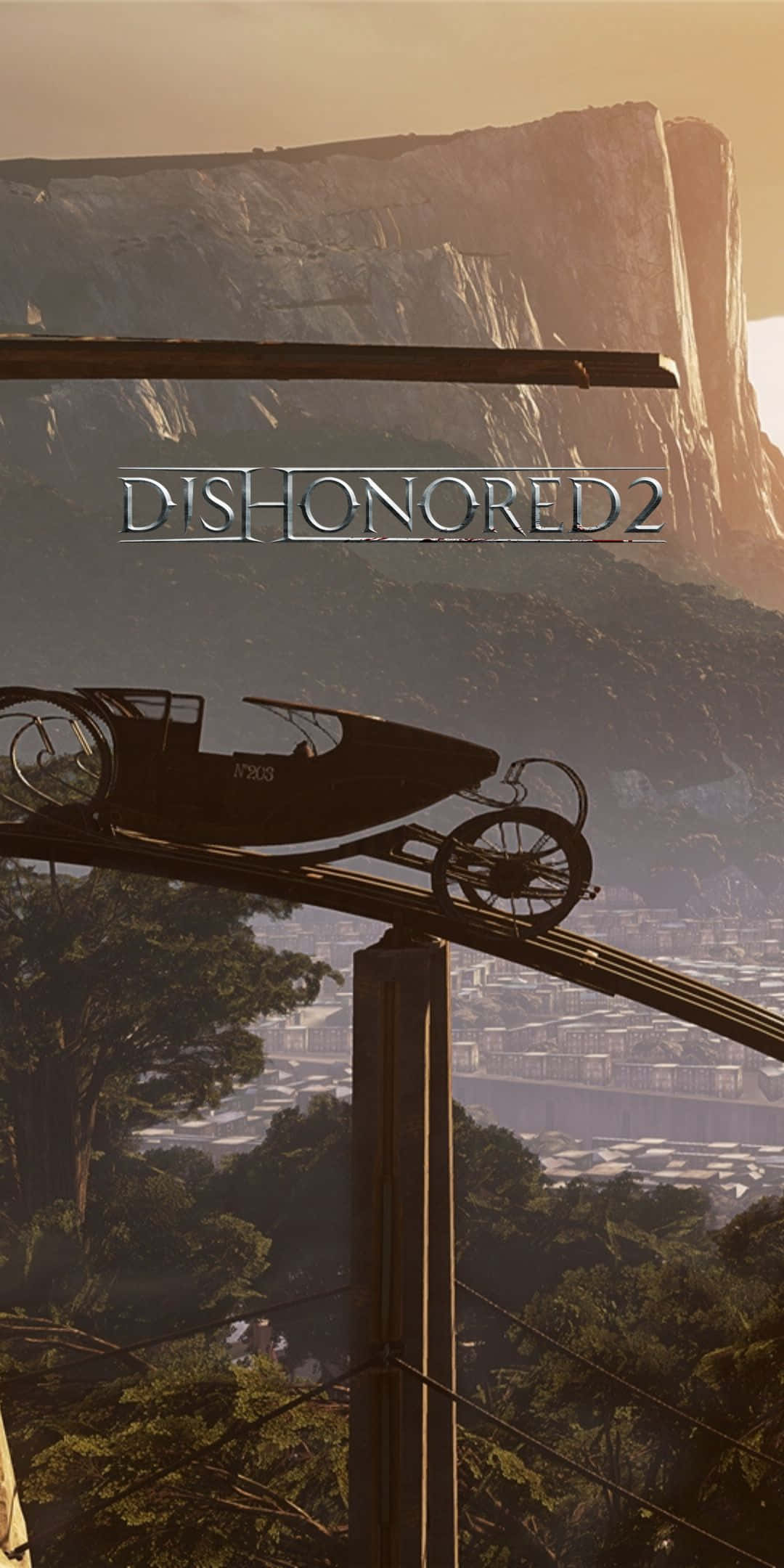 Pixel 3 Dishonored 2 桌布 壁紙 — 一輛復古馬車懸掛在纜索上，下方是黃金時刻中坐落於高聳懸崖下的廣闊城市。