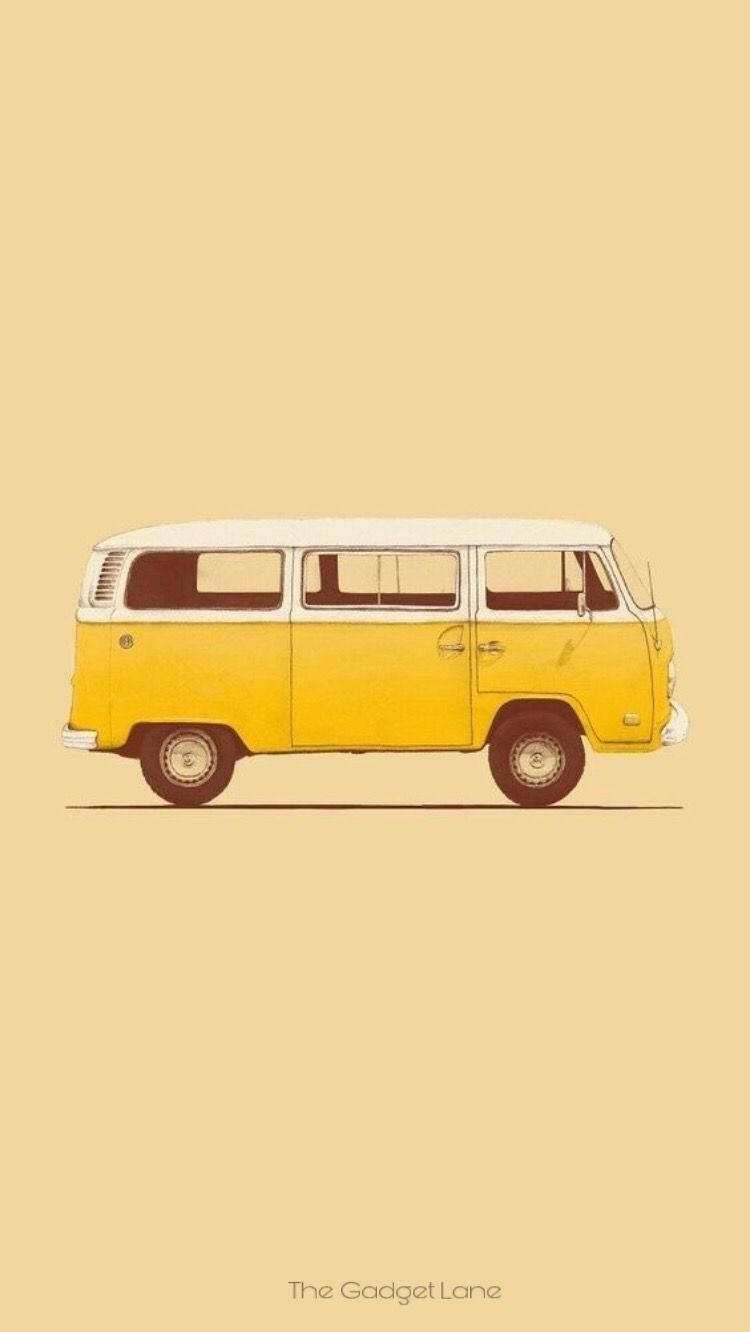 Retro 桌布 壁紙 — 一輛復古黃白相間的福斯廂型車，以極簡風格繪製在純色米色背景上。