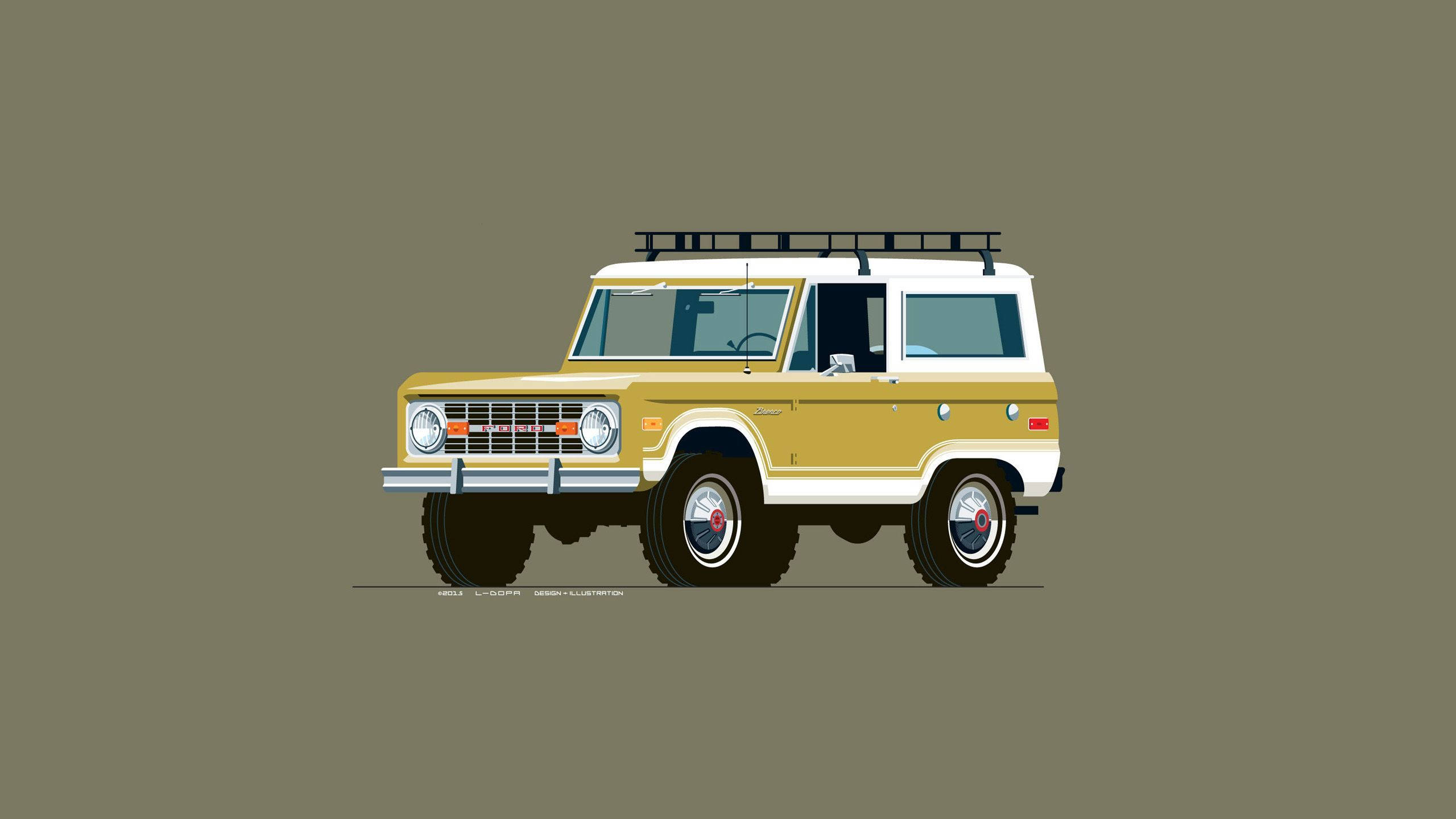 Ford Bronco 桌布 壁紙 — 一輛復古黃白相間的福特Bronco SUV，配有車頂行李架，居中置於純橄欖綠背景前。