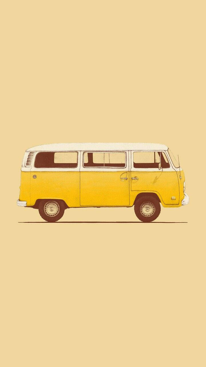 Vintage Minimalist 桌布 壁紙 — 一輛復古黃白露營車以極簡風格繪製在純米色背景上。