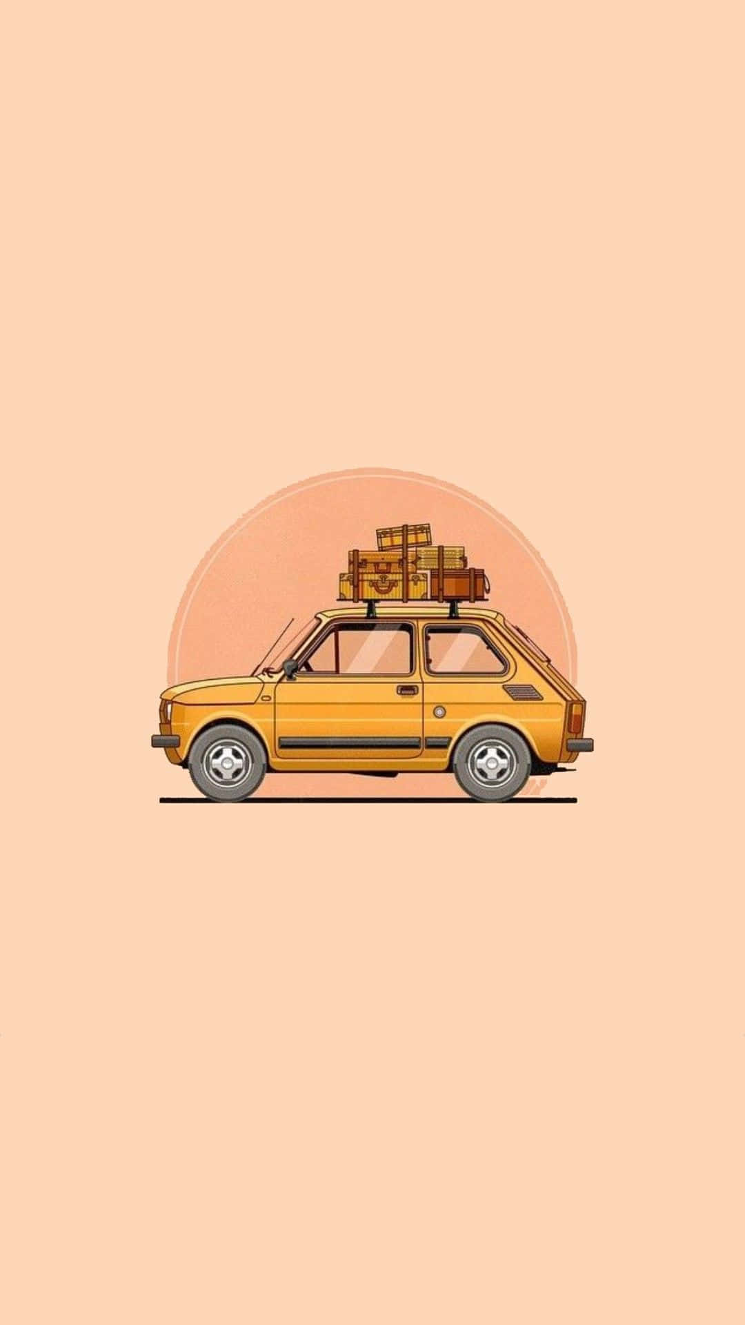 Minimalist Car 桌布 壁紙 — 一輛復古黃色汽車，車頂行李架上裝滿行李，在柔和蜜桃色日落背景下準備好冒險。