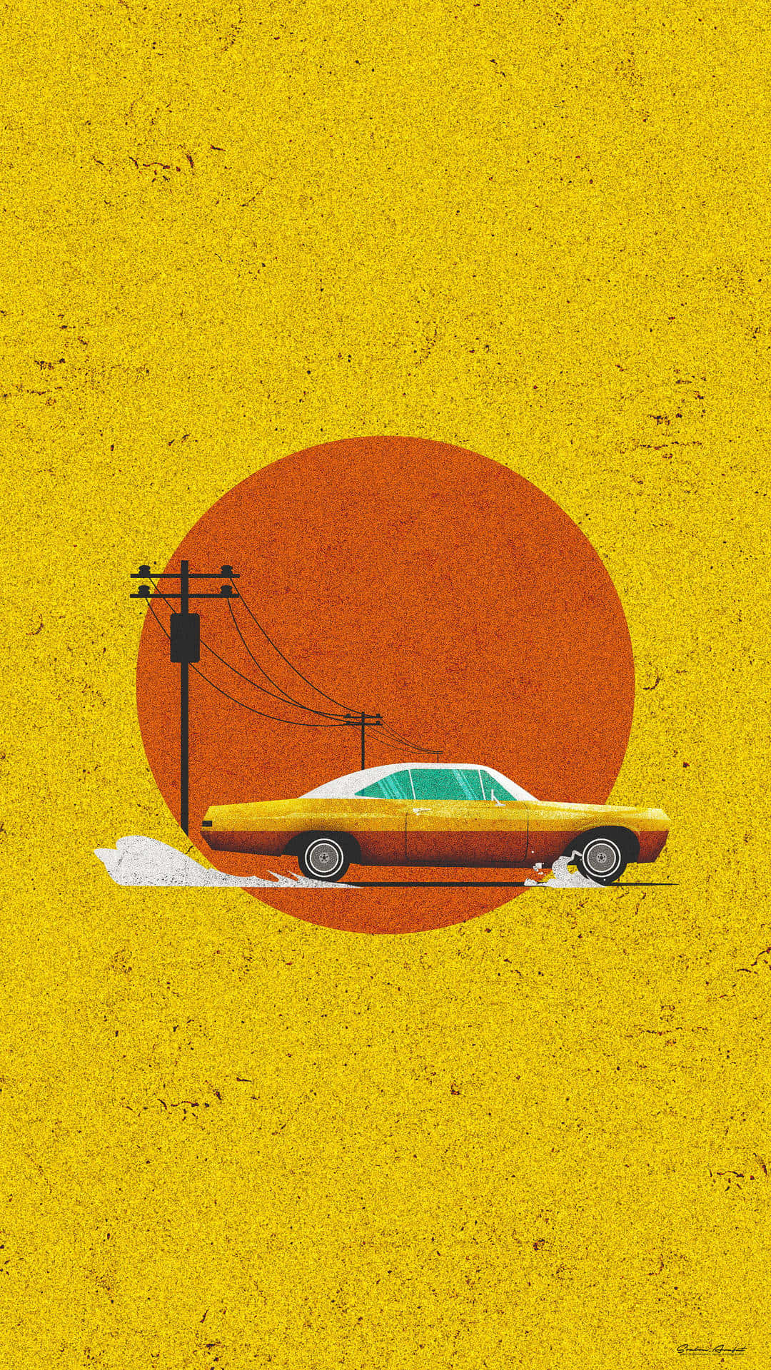 vintage 90s aesthetic 桌布 壁紙 — 一輛復古黃色汽車在帶有紋理的黃色背景上，伴隨著一個大橙色太陽，飛馳而過一根電線桿。