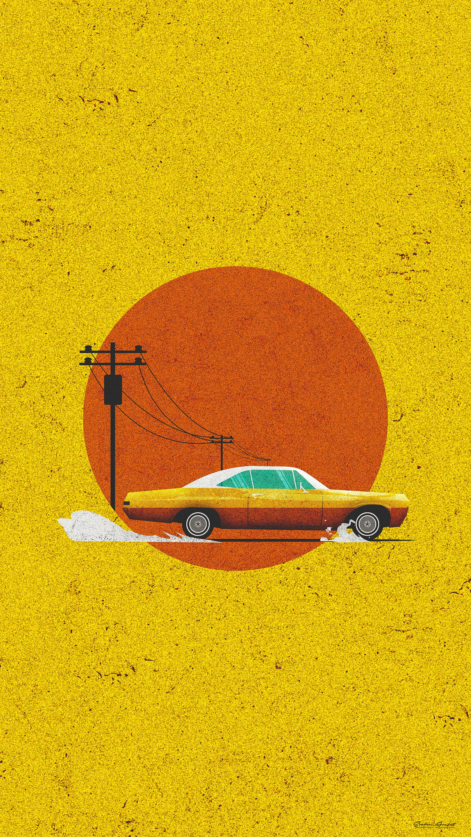 vintage 90s aesthetic 桌布 壁紙 — 一輛復古黃色汽車在帶有紋理的黃色背景前高速駛過電線桿，背景中有一個大橙色太陽。