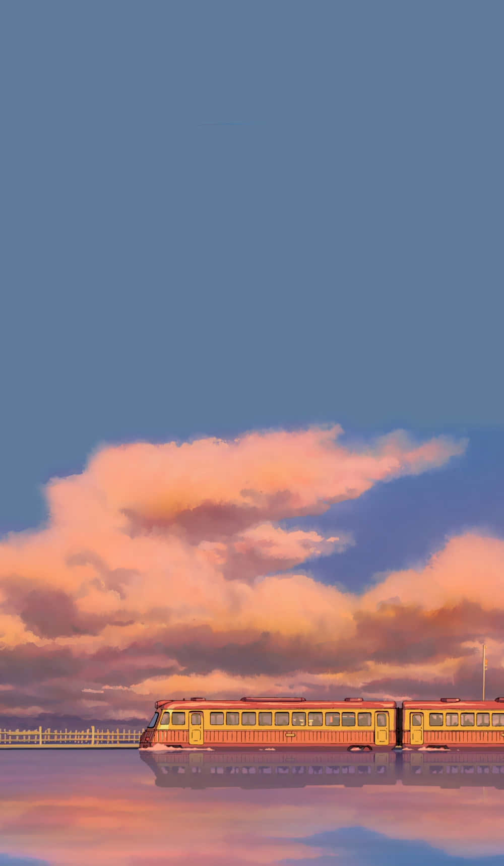Aesthetic Ghibli 桌布 壁紙 — 一輛復古黃色火車在日落時分寧靜地漂浮在平靜的水面上，天空廣闊，塗有柔和的粉紅色和藍色雲彩。
