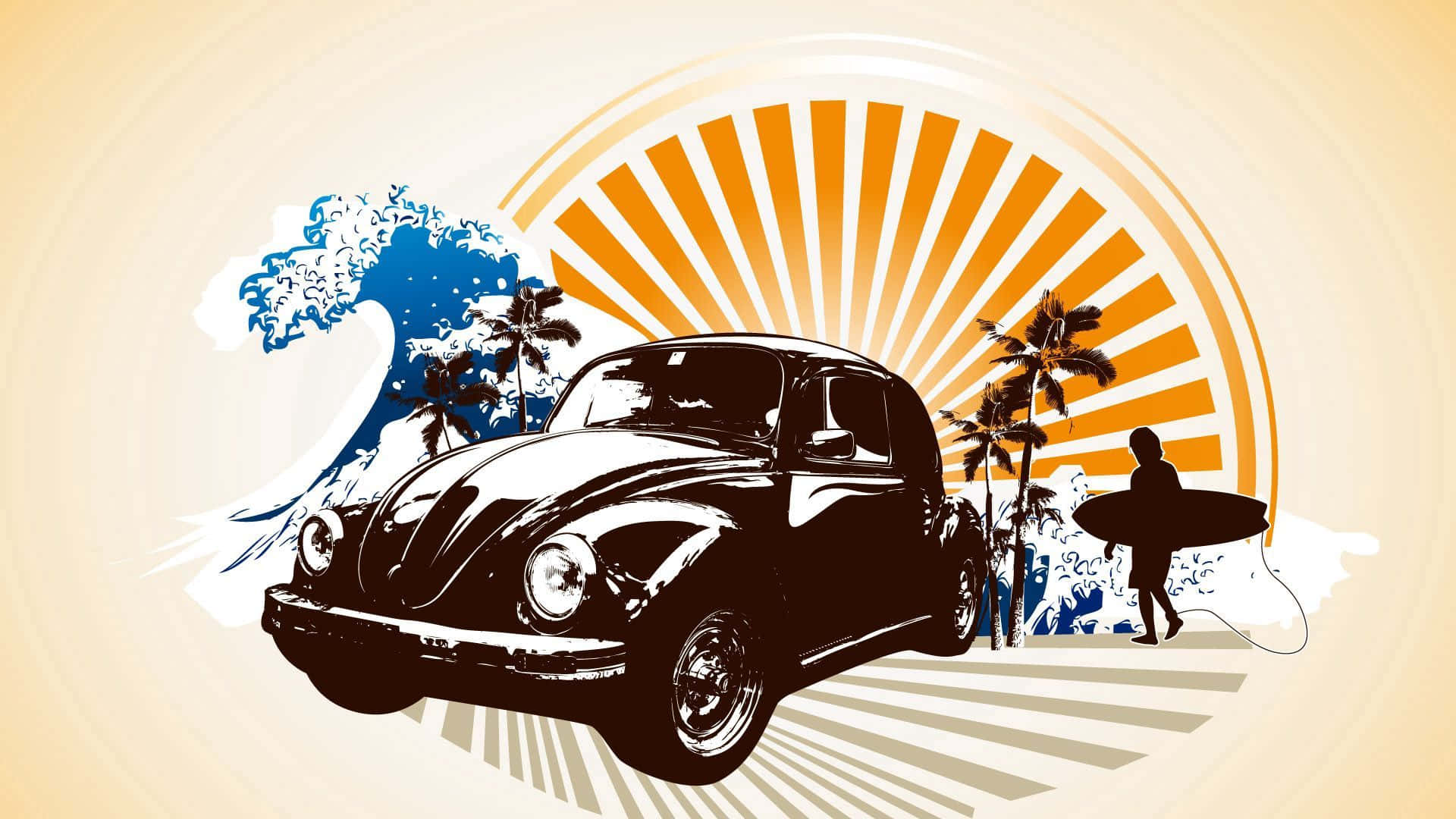 surf 桌布 壁紙 — 一輛復古黑色福斯金龜車停在衝浪者旁邊，背景是燦爛的橙色太陽、藍色海浪和棕櫚樹。