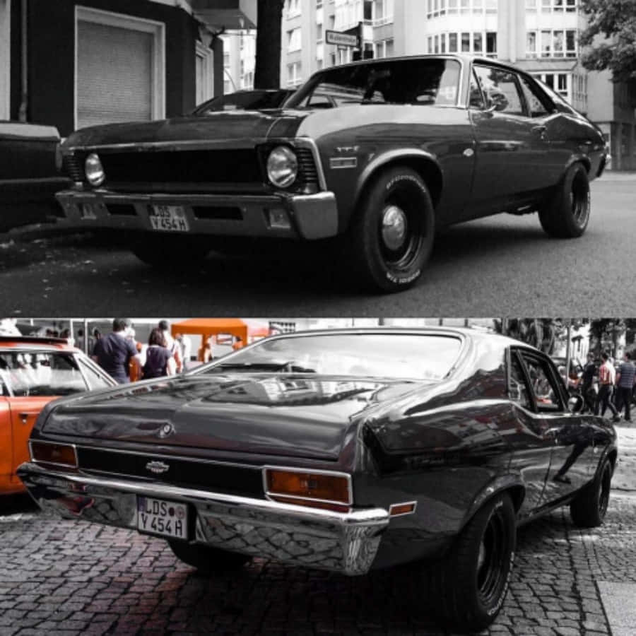 Muscle Cars 桌布 壁紙 — 一輛復古黑色雪佛蘭 Chevelle 肌肉車停在鵝卵石街道上，選擇性色彩突出其鍍鉻細節。