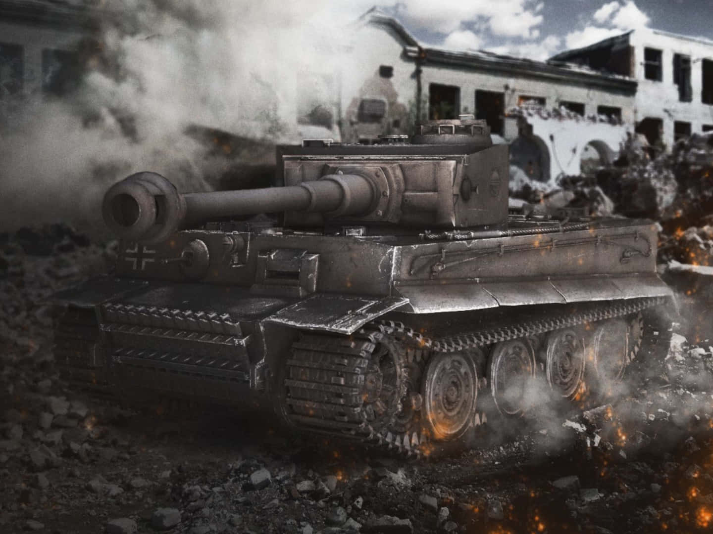 坦克 桌布 壁紙 — 一輛德國虎式坦克在戰火摧殘的城市戰場上，穿過瓦礫和煙霧，伴隨著燃燒的碎片前進。