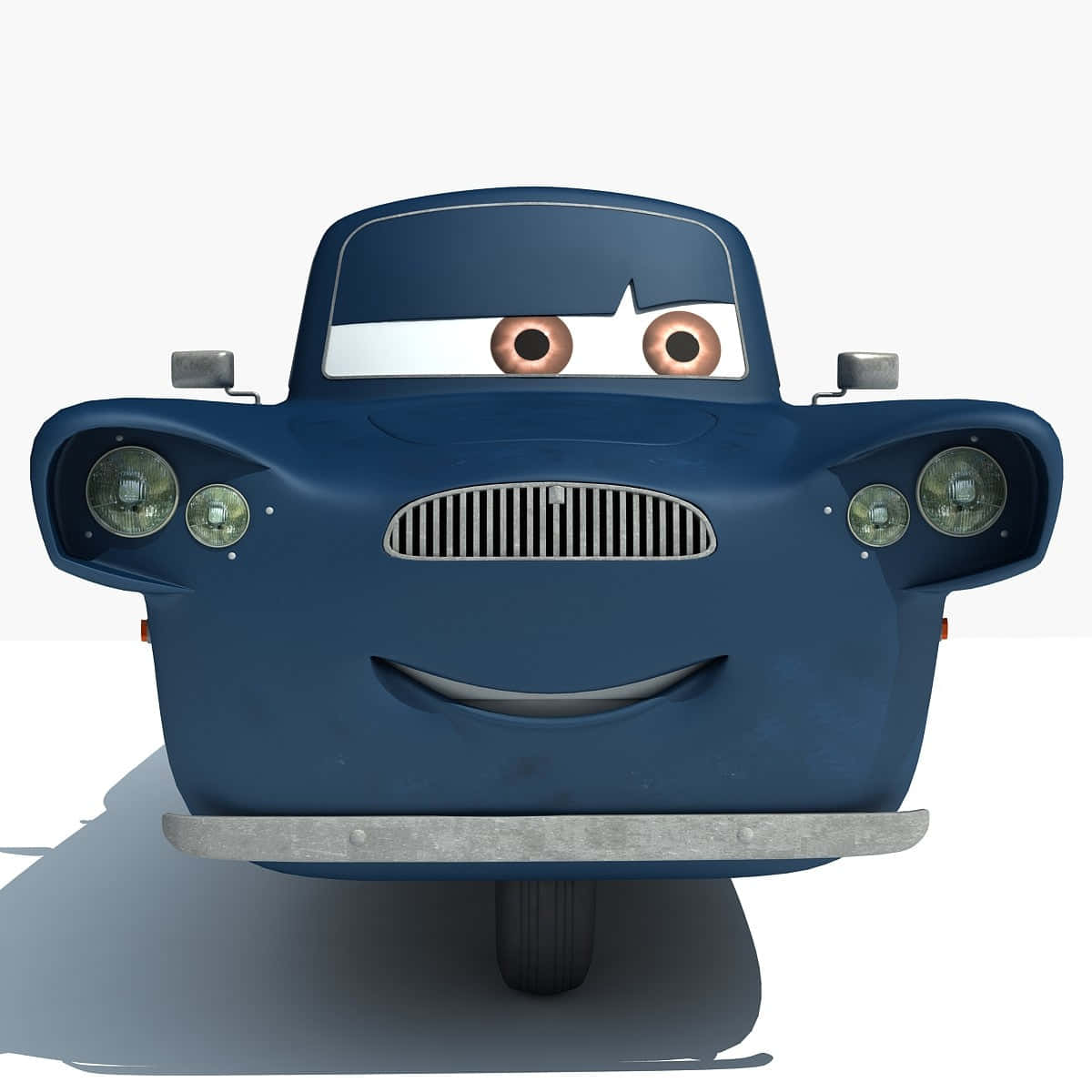 汽車 桌布 壁紙 — 一輛快樂的藍色復古車，有大圓眼睛和微笑的格柵，在純白背景前直視前方。