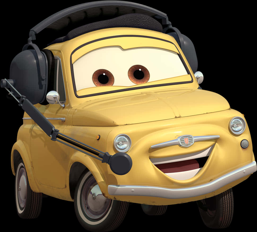 cars 桌布 壁紙 — 一輛快樂的黃色動畫車，有著大大的表情豐富的眼睛和燦爛的笑容，戴著耳機和麥克風，背景為黑色。