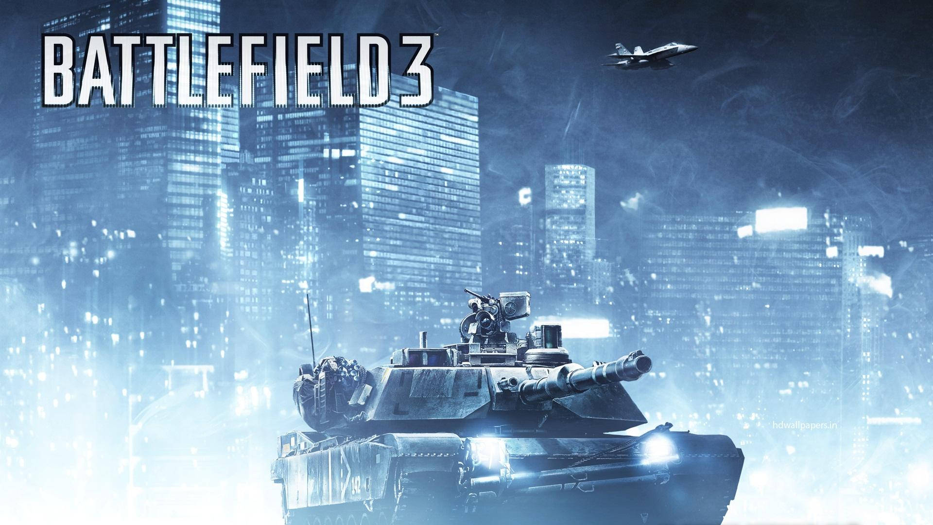 Battlefield 3 桌布 壁紙 — 一輛戰車在夜間穿過積雪覆蓋的城市，戰鬥機在發光的摩天大樓下飛行。