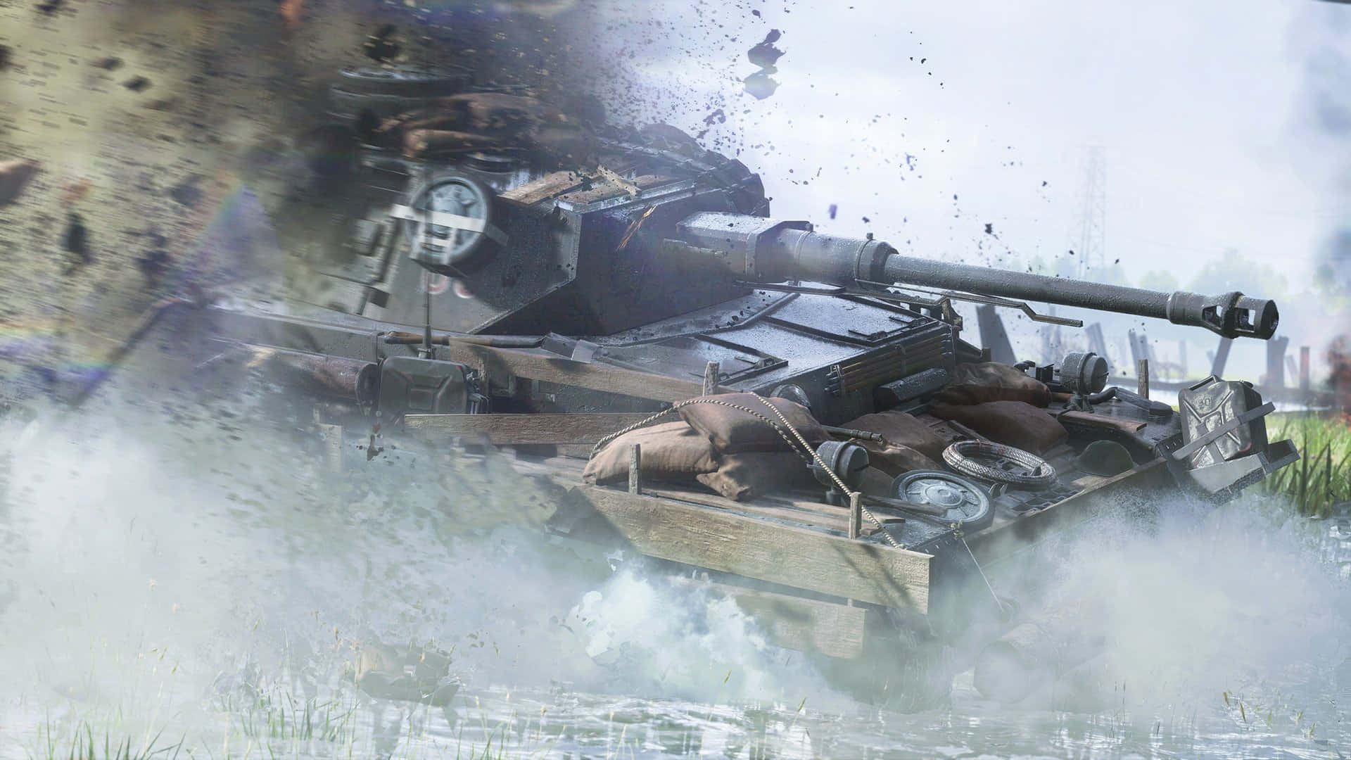 Battlefield Vehicles 桌布 壁紙 — 一輛戰車在泥水中衝刺，濺起泥漿和碎片，呈現混亂的戰爭場景。