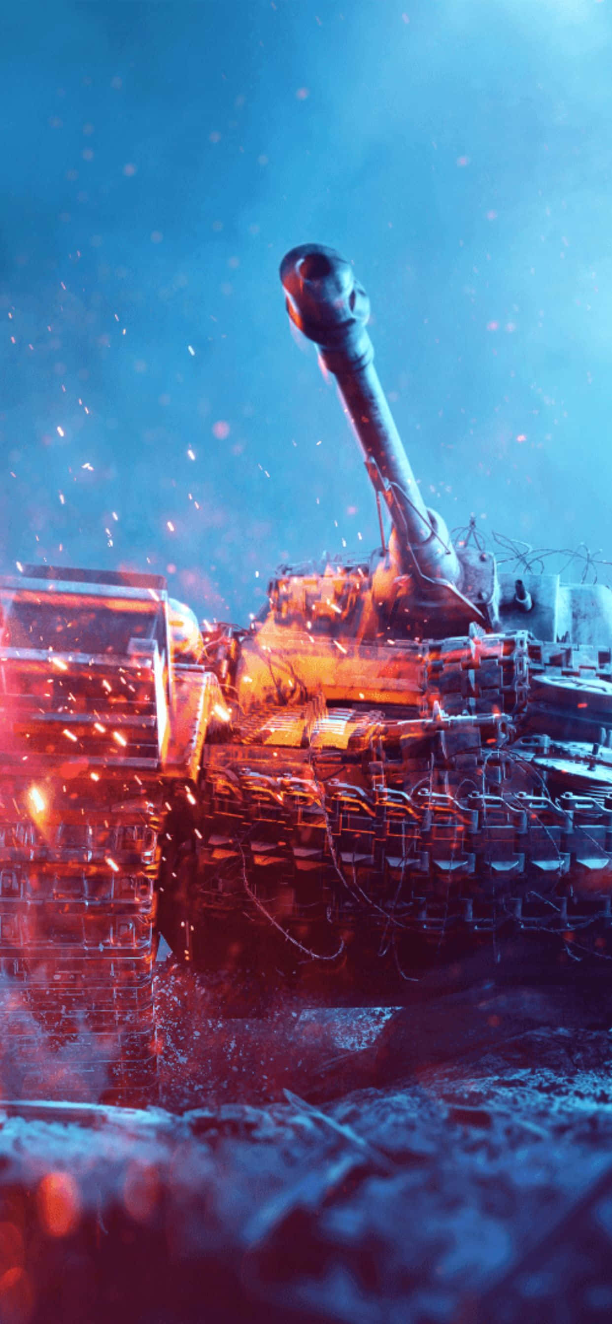 HD Battlefield V 桌布 壁紙 — 一輛戰車在熾熱的火花和藍色煙霧中開火，呈現出戲劇性的戰爭場景。
