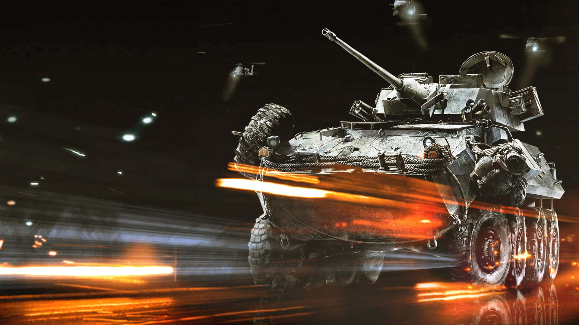 Battlefield 3 桌布 壁紙 — 一輛戰鬥坦克在火熱的夜間戰場上疾馳，發光的橙色條紋和遠處的爆炸照亮了黑暗的場景。