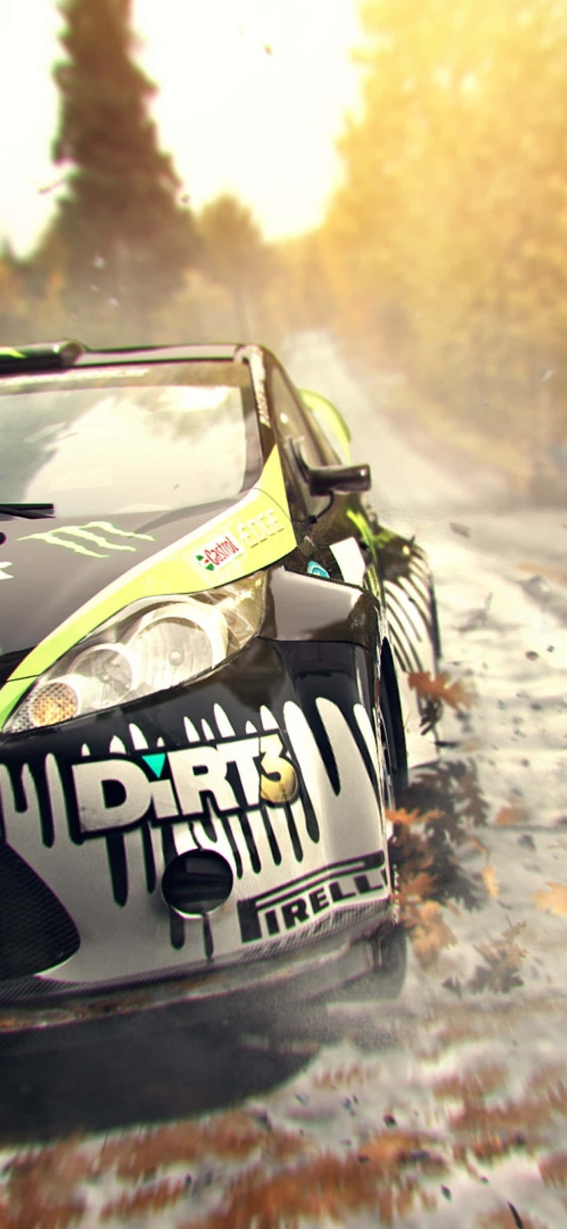 iPhone Xs Dirt Showdown 桌布 壁紙 — 一輛拉力賽車在森林中的泥路上疾馳，在金色陽光下揚起樹葉和灰塵。