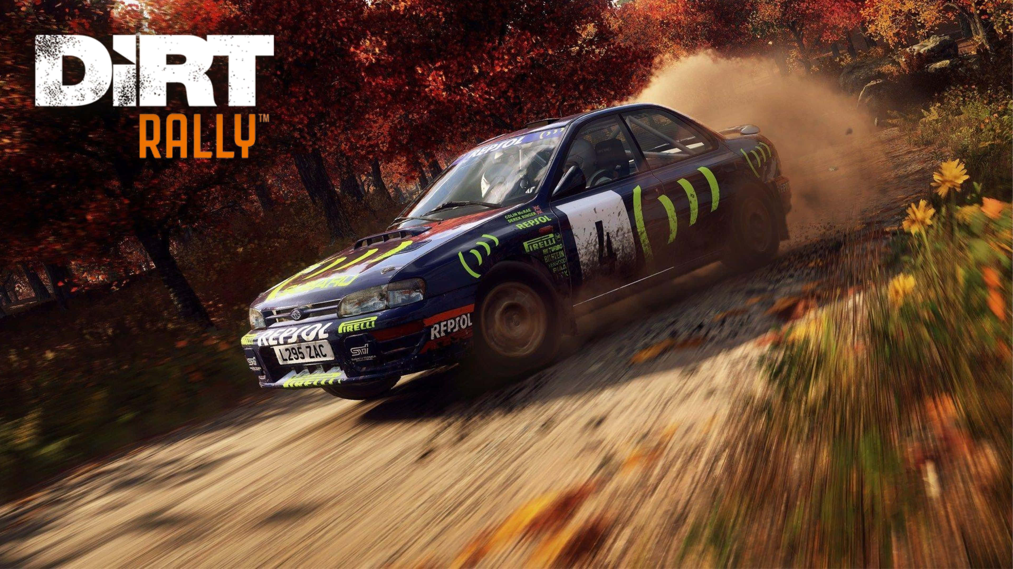 4K Dirt Rally 桌布 壁紙 — 一輛拉力賽車在森林小徑上飛馳，在明亮的日光下揚起灰塵和秋葉。