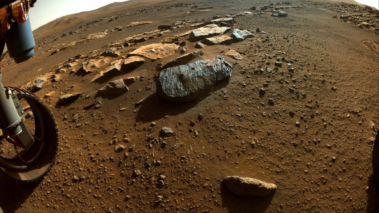 Mars Planet 桌布 壁紙 — 一輛探測車的車輪擱在鏽紅色的火星土壤上，旁邊散落著岩石，天空蒼白。