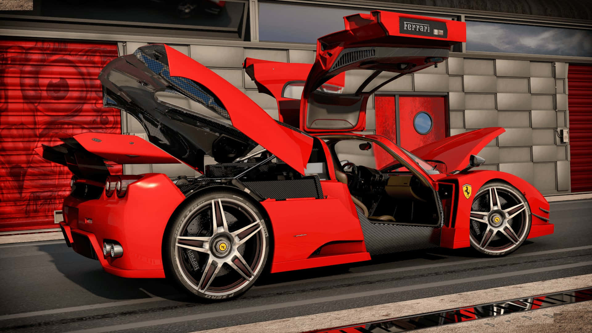 Ferrari Enzo 桌布 壁紙 — 一輛搶眼的紅色法拉利跑車，車門向上打開，停在帶有紅色點綴的現代車庫前。