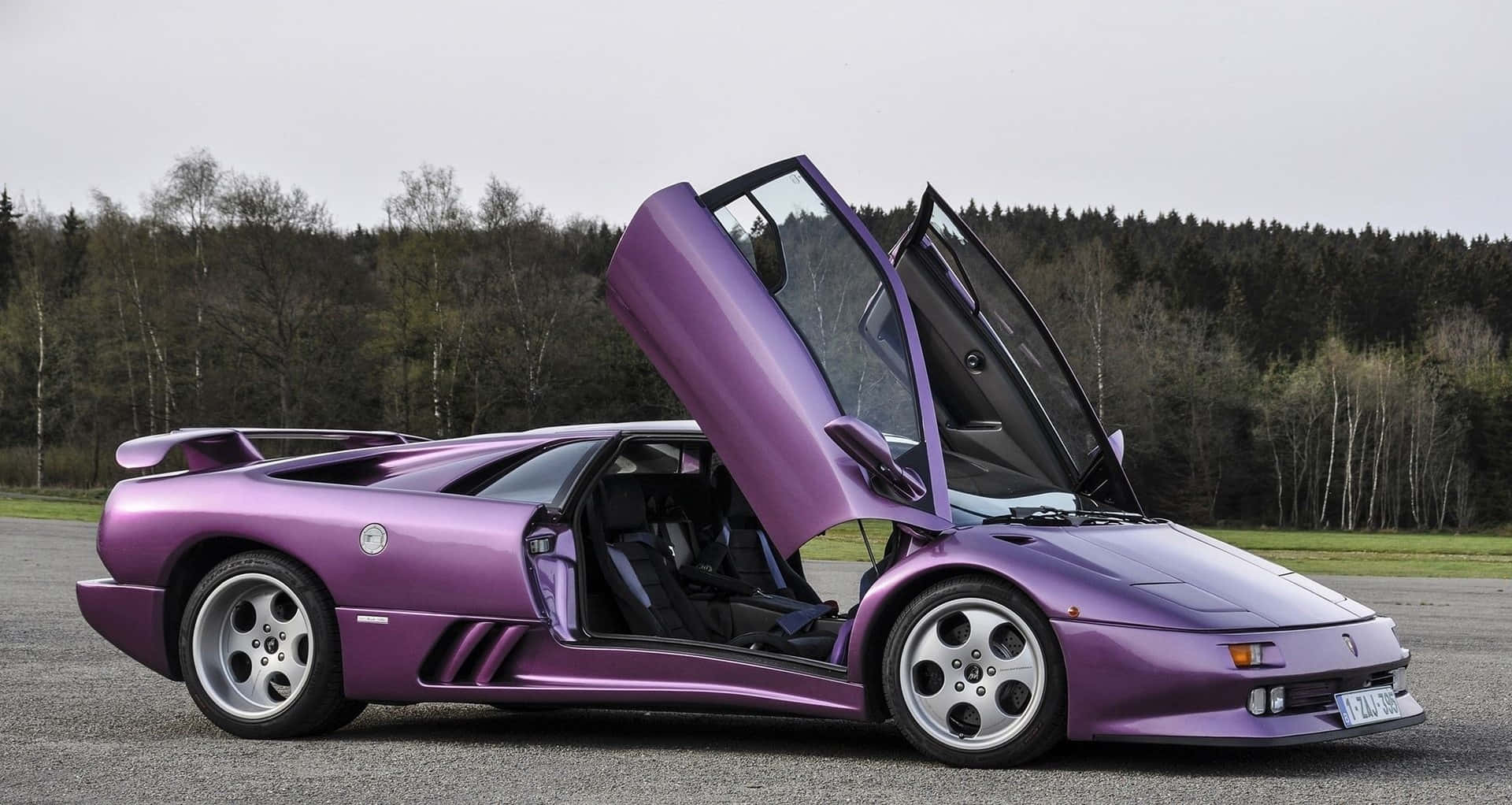 Lamborghini Diablo 桌布 壁紙 — 一輛搶眼的紫色藍寶堅尼 Diablo 打開鷗翼車門，停在森林環繞的柏油路上。