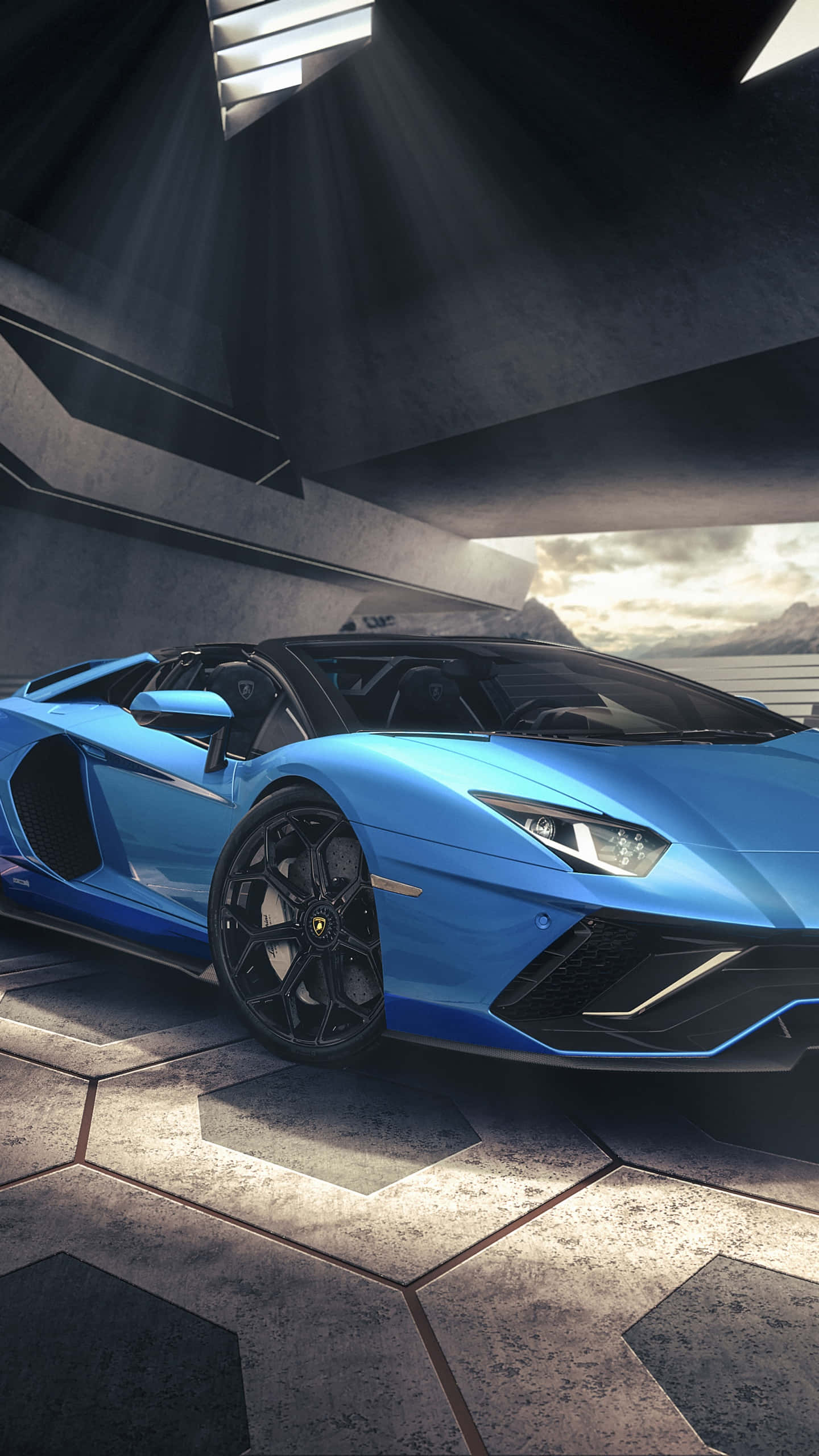 Lamborghini Phone 桌布 壁紙 — 一輛搶眼的藍色藍寶堅尼 Aventador SVJ 停放在現代混凝土車庫中，上方燈光效果強烈。