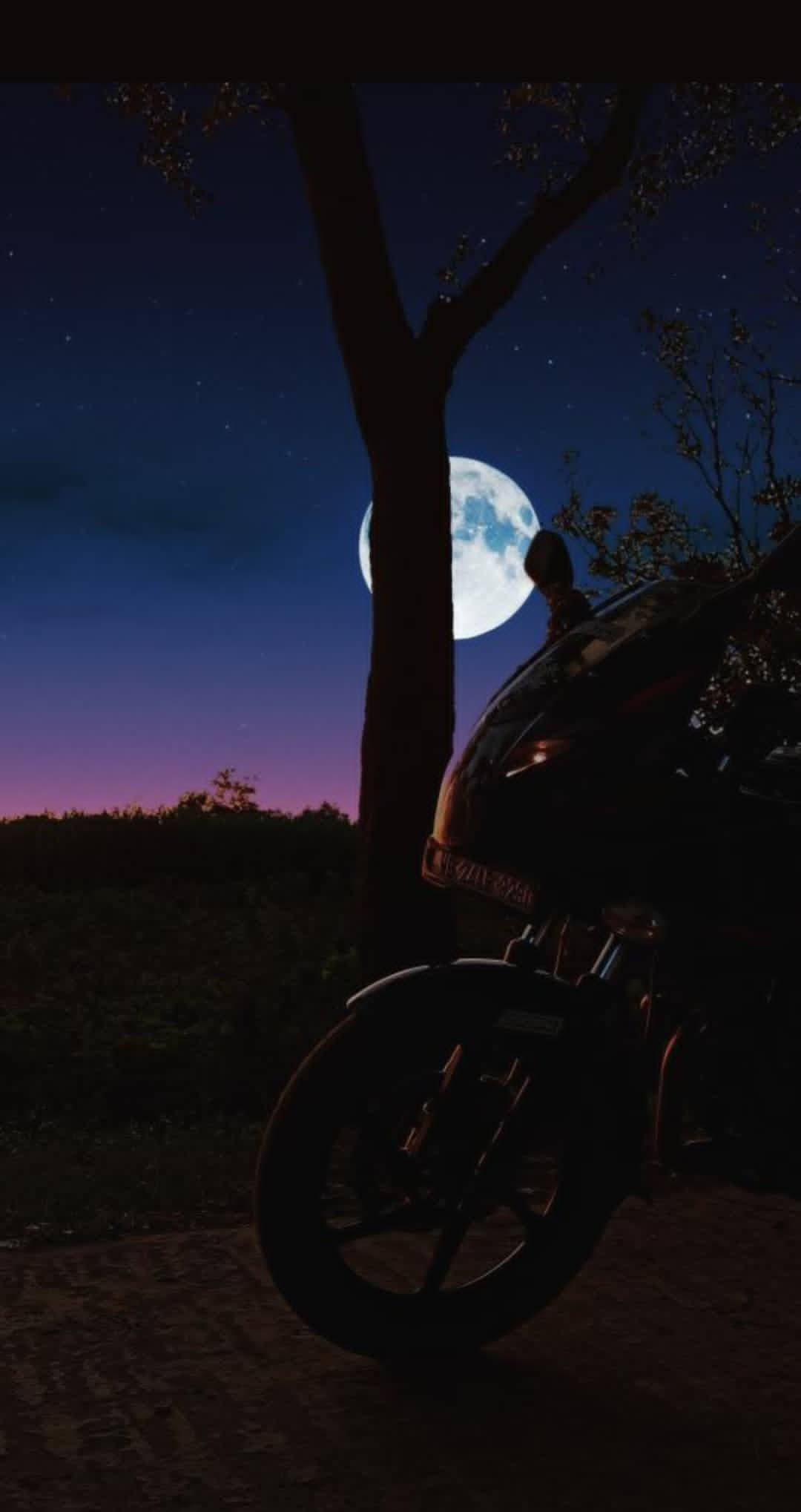 Pulsar 220 HD 桌布 壁紙 — 一輛摩托車停在一棵樹下，背後一輪滿月升起，襯托著星光燦爛的暮色天空。