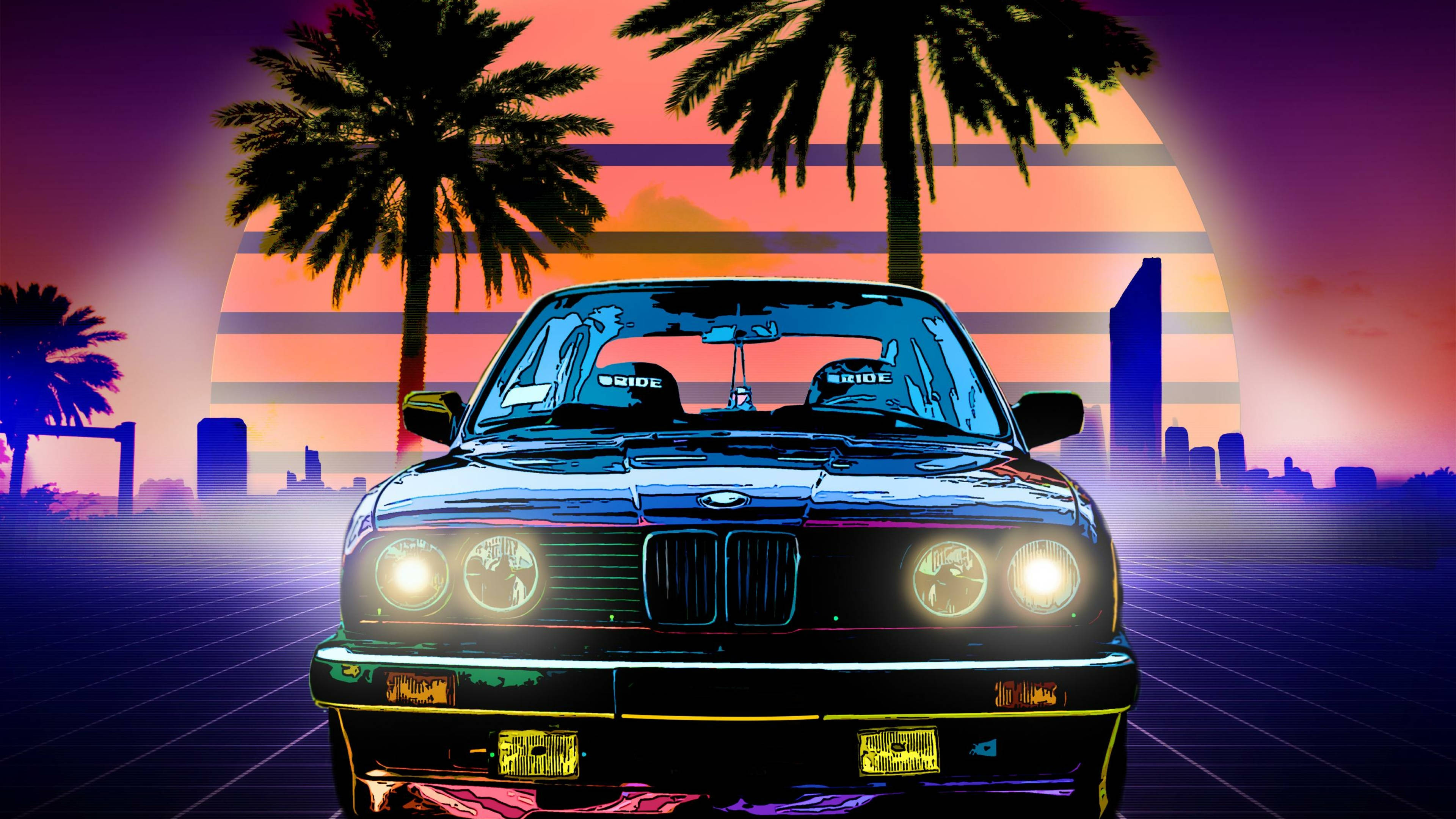 4K BMW 壁紙 桌布 壁紙 — 一輛改裝過的BMW E30跑車在霓虹夕陽下發光，背景有棕櫚樹和網格圖案的城市景觀。