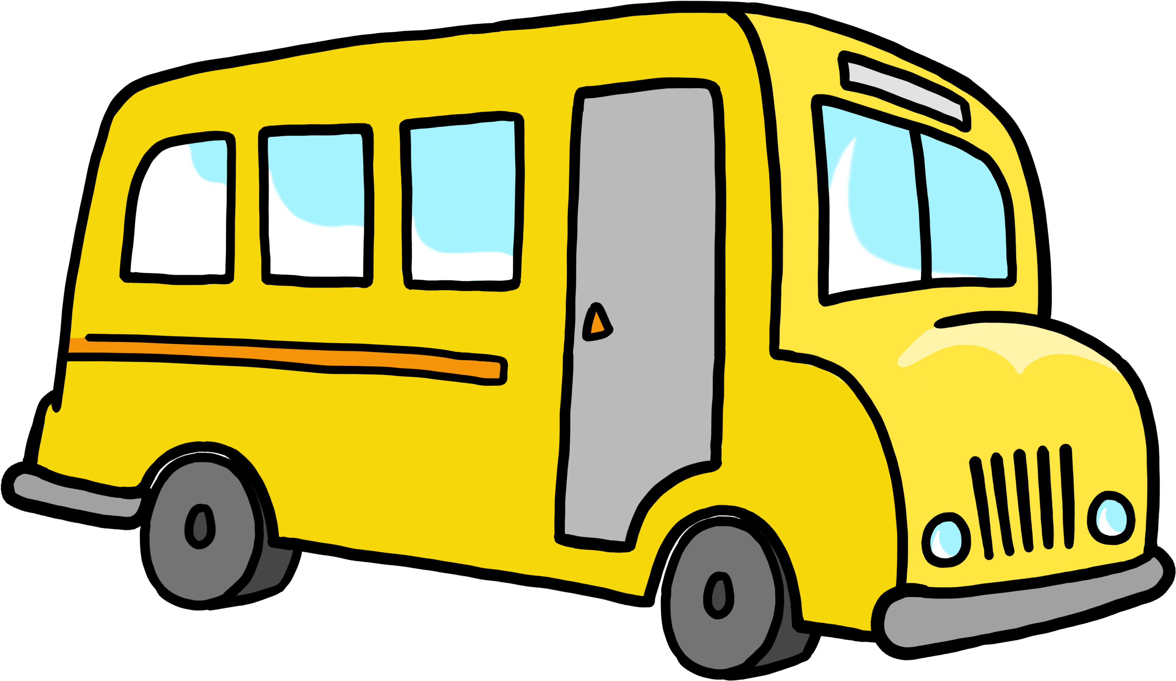 Bus 桌布 壁紙 — 一輛明亮的黃色卡通校車，帶有藍色窗戶和灰色車門，立在黑色背景前。
