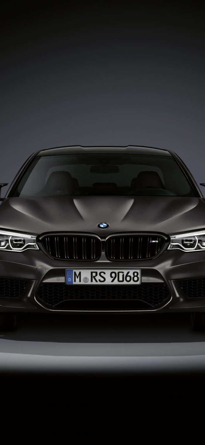 桌布 壁紙 — 一輛時尚啞光灰色BMW M5的前視圖，在深色漸變背景上以戲劇性的攝影棚燈光照射。