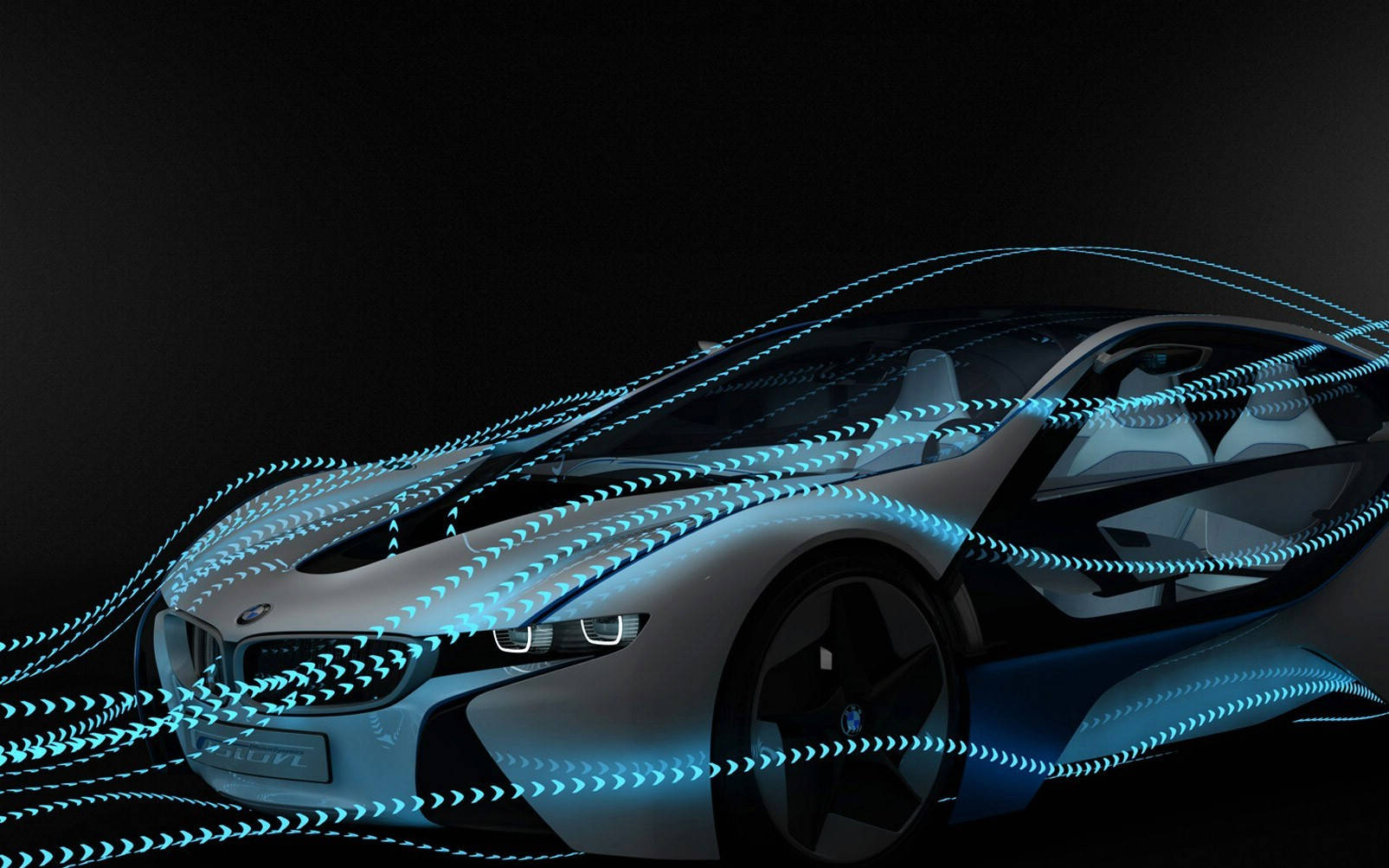 暗色 桌布 壁紙 — 一輛時尚未來感十足的BMW i8跑車在黑暗背景下，動態藍色光跡環繞其空氣動力學車身閃耀發光。