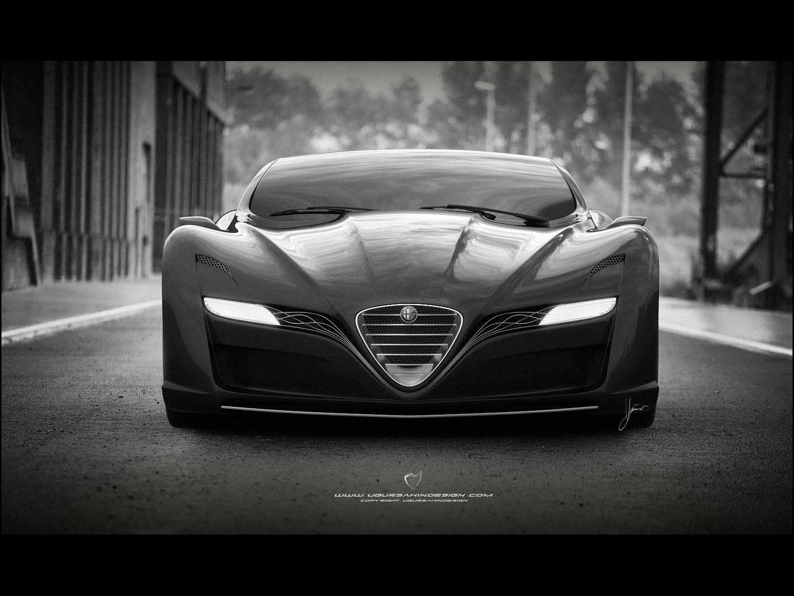 alfa romeo iPhone 桌布 壁紙 — 一輛時尚未來感的愛快羅密歐跑車在霧濛濛的城市街道上正面向前，單色調。