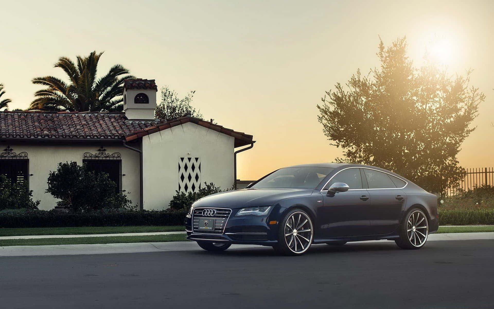 Audi S7 桌布 壁紙 — 一輛時尚深藍色奧迪A7轎車停泊在寧靜街道上，金色日落時分，旁邊是帶有棕櫚樹的西班牙風格房屋。