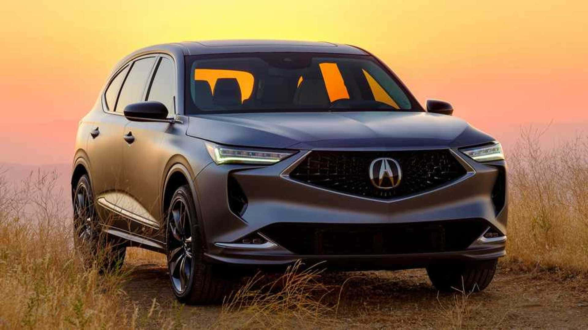 Acura 桌布 壁紙 — 一輛時尚灰色Acura SUV停泊在乾草上，背景是溫暖的橙色日落天空。