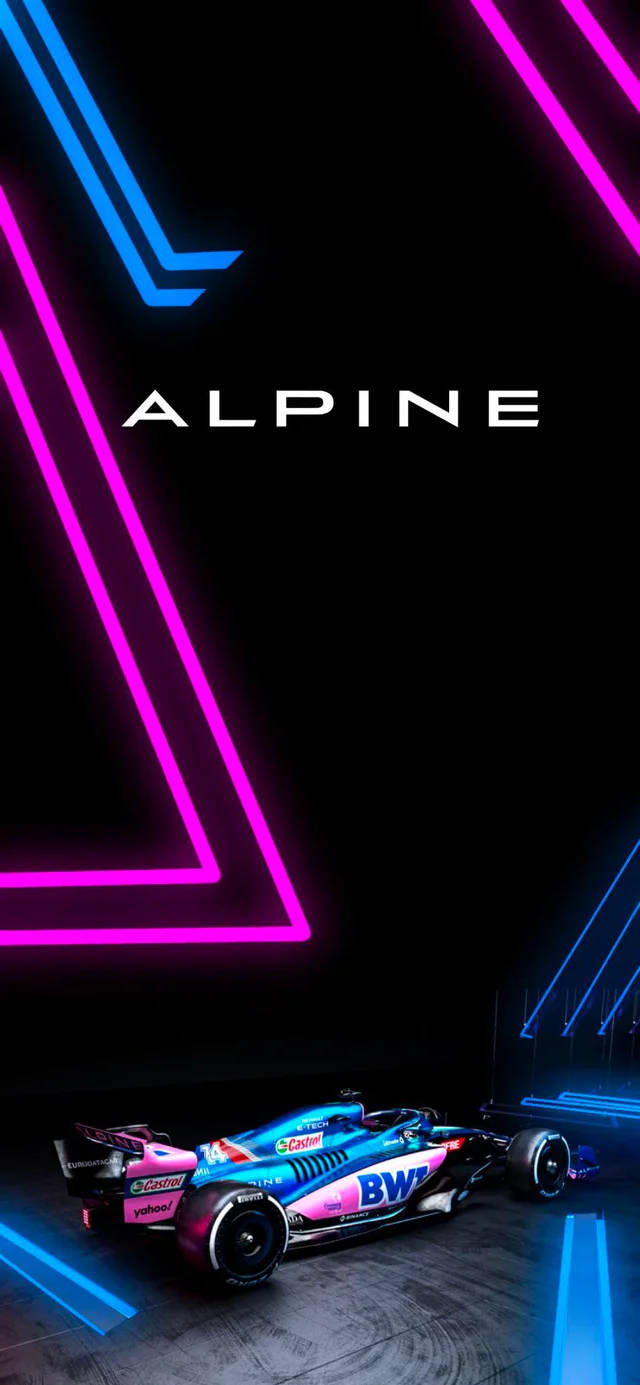 F1 桌布 壁紙 — 一輛時尚的Alpine一級方程式賽車在黑暗的攝影棚背景下，在充滿活力的粉紅色和藍色霓虹燈下閃耀。