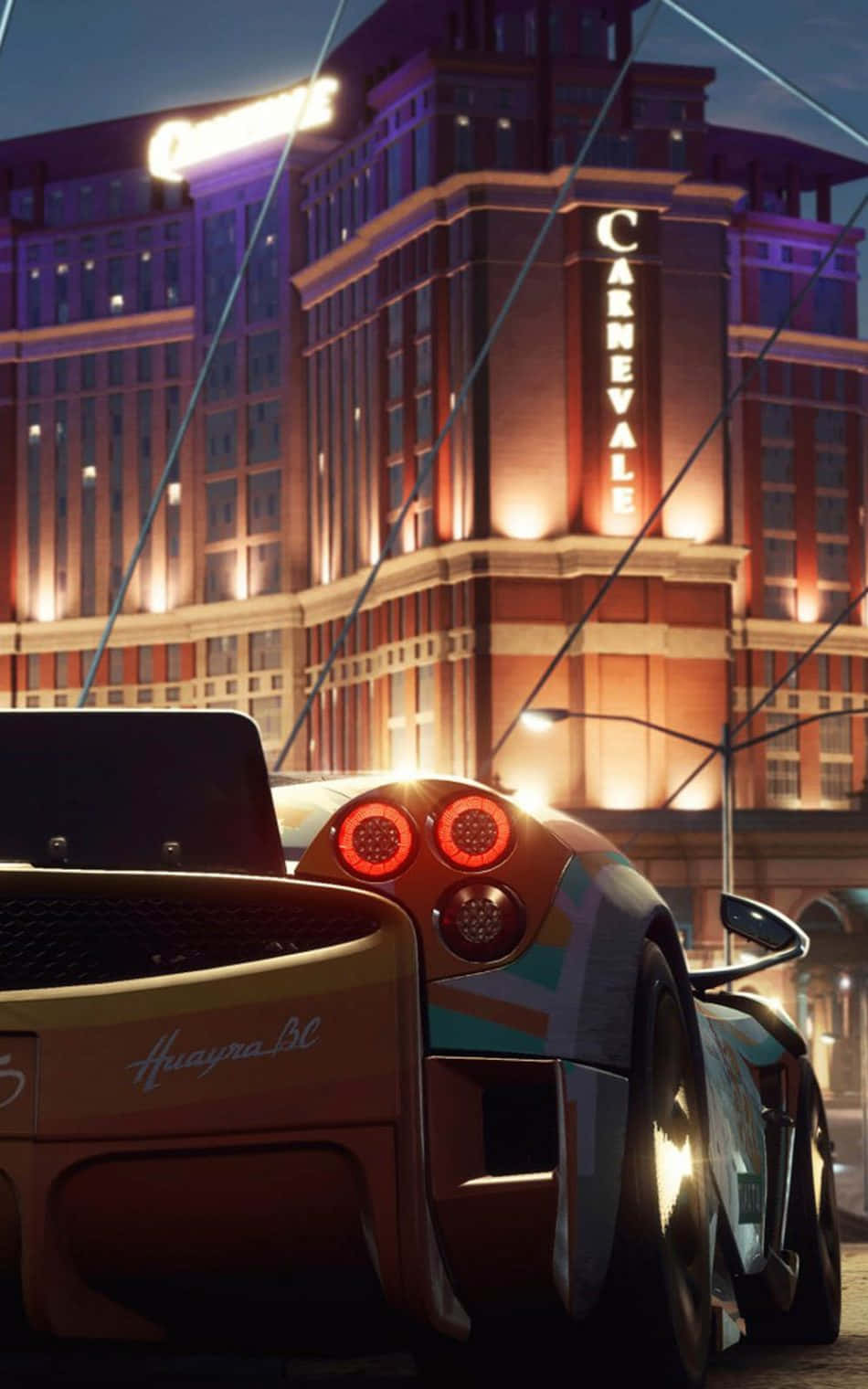 電玩遊戲 桌布 壁紙 — 一輛時尚的Huayra BC跑車在黃昏時分在燈火通明的Carnevale賭場大樓前閃耀。