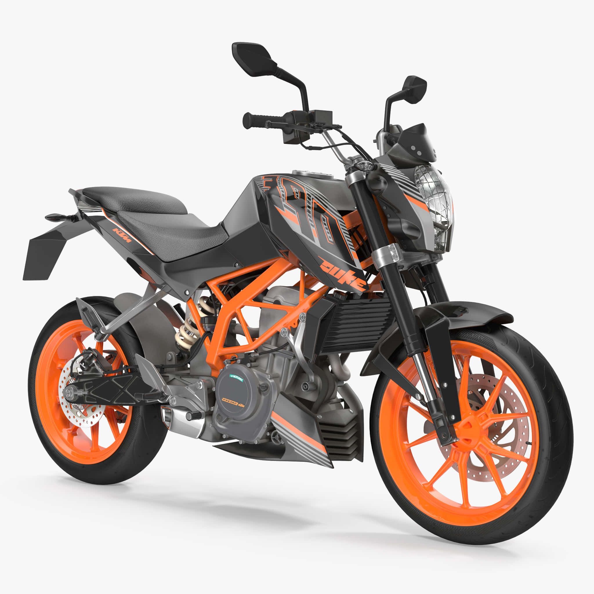 機車 桌布 壁紙 — 一輛時尚的KTM Duke摩托車，帶有鮮豔的橙色點綴和黑色車架，在潔白的背景前蓄勢待發。