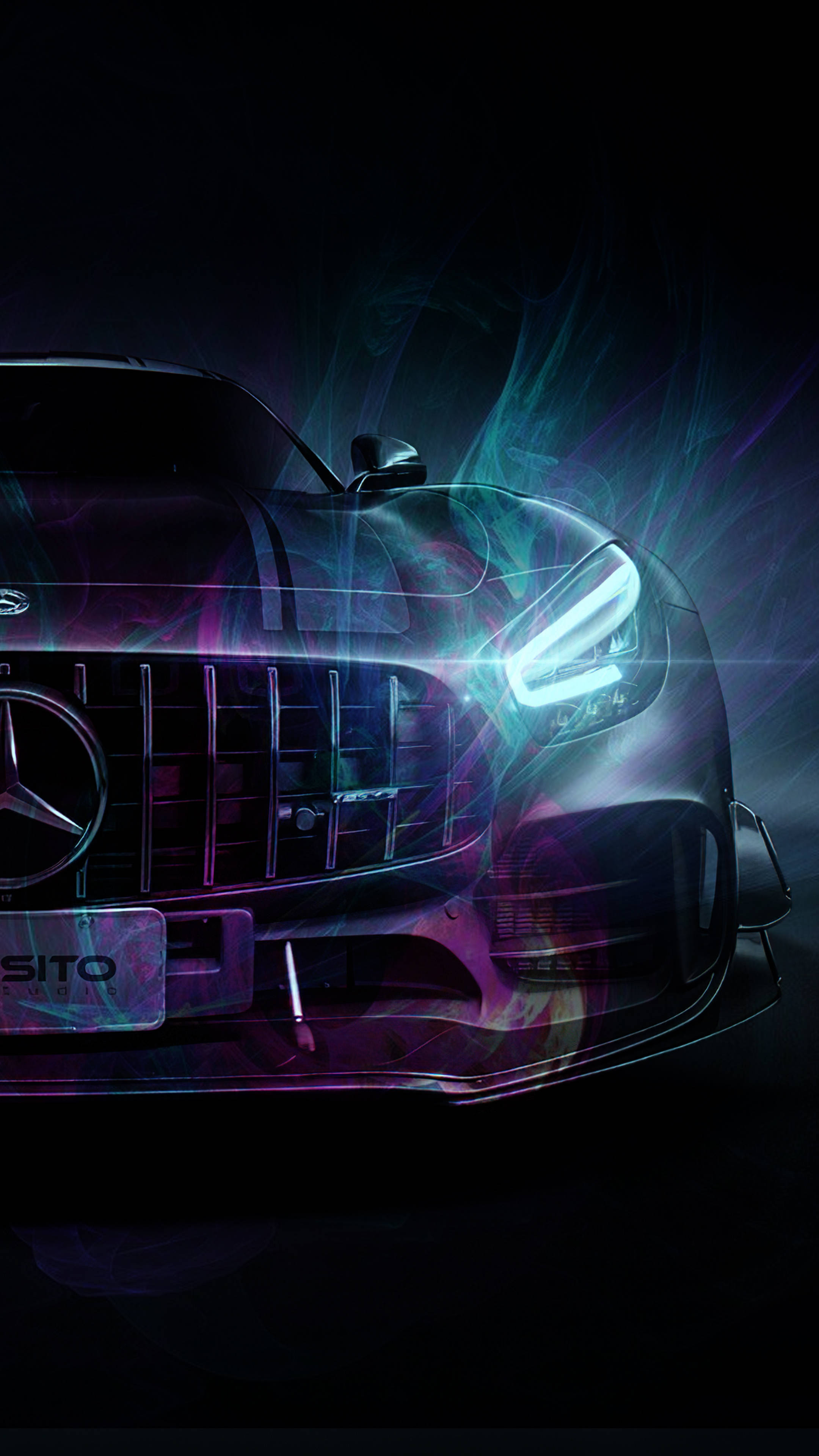 iPhone 桌布 壁紙 — 一輛時尚的Mercedes-AMG跑車在黑暗背景下散發出充滿活力的霓虹能量。