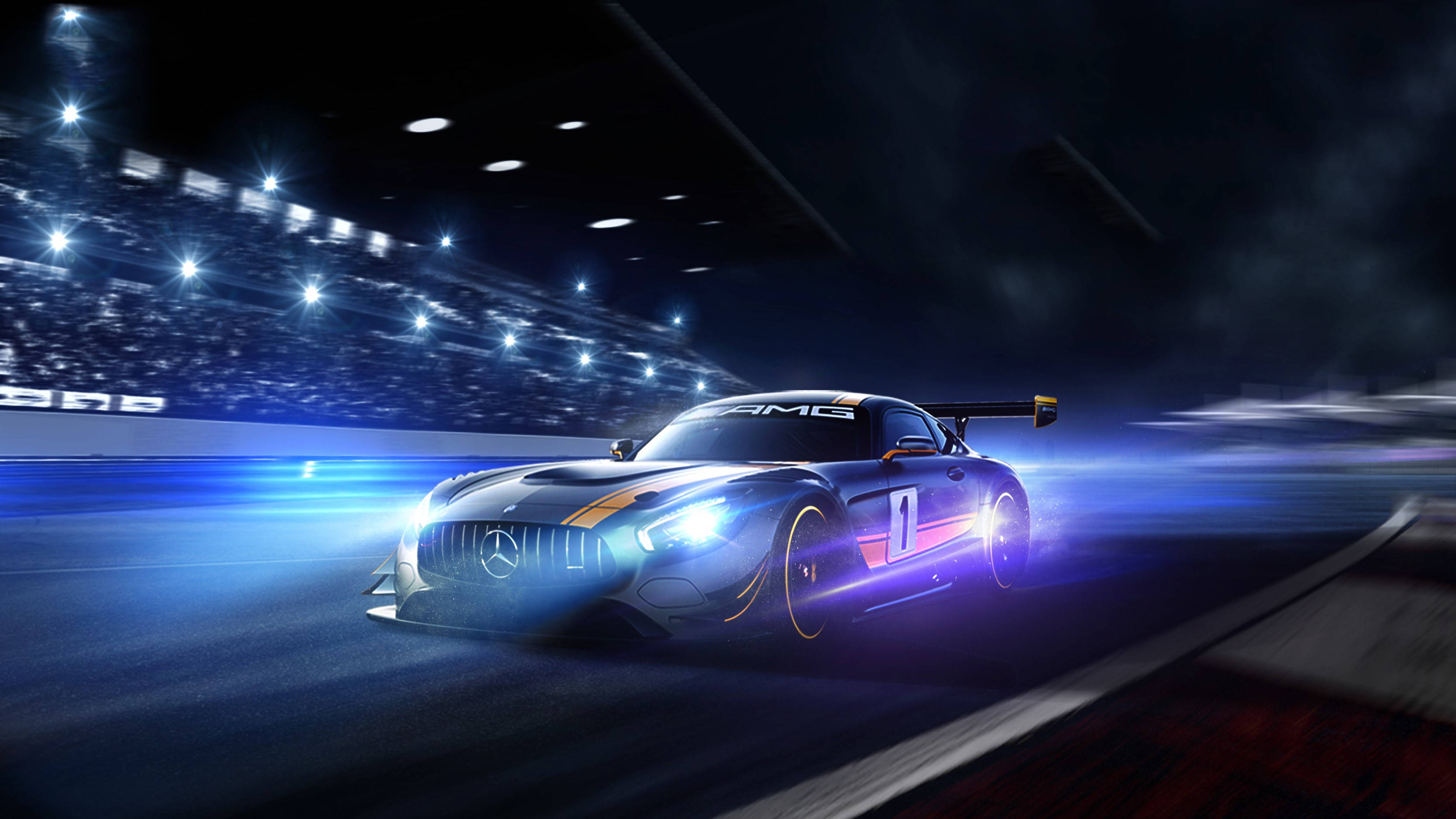 Gtr 桌布 壁紙 — 一輛時尚的Mercedes-AMG賽車在夜間穿過體育館，車頭燈閃爍，帶有動態模糊效果。