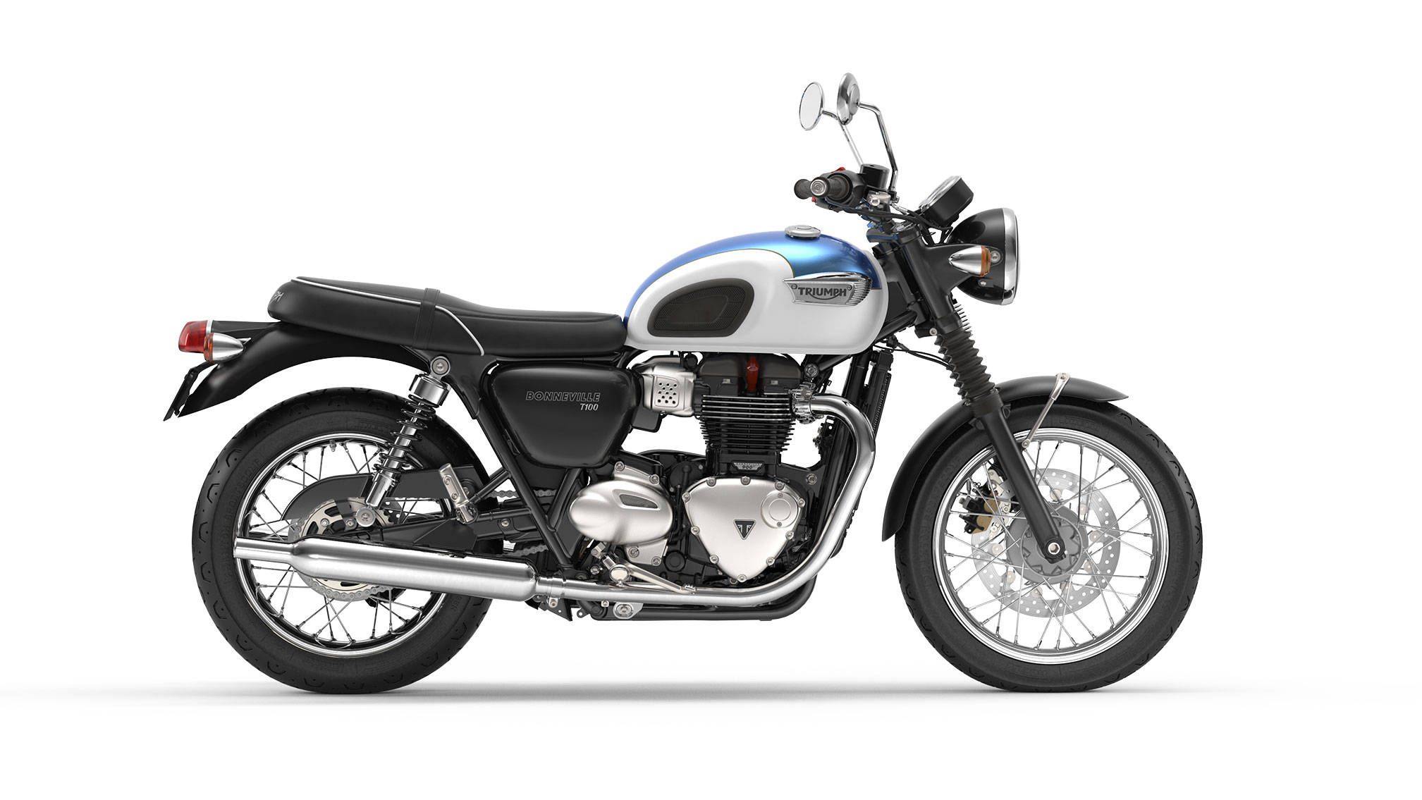 Triumph 桌布 壁紙 — 一輛時尚的Triumph Bonneville T160機車，藍銀色塗裝在純白背景上閃閃發光。