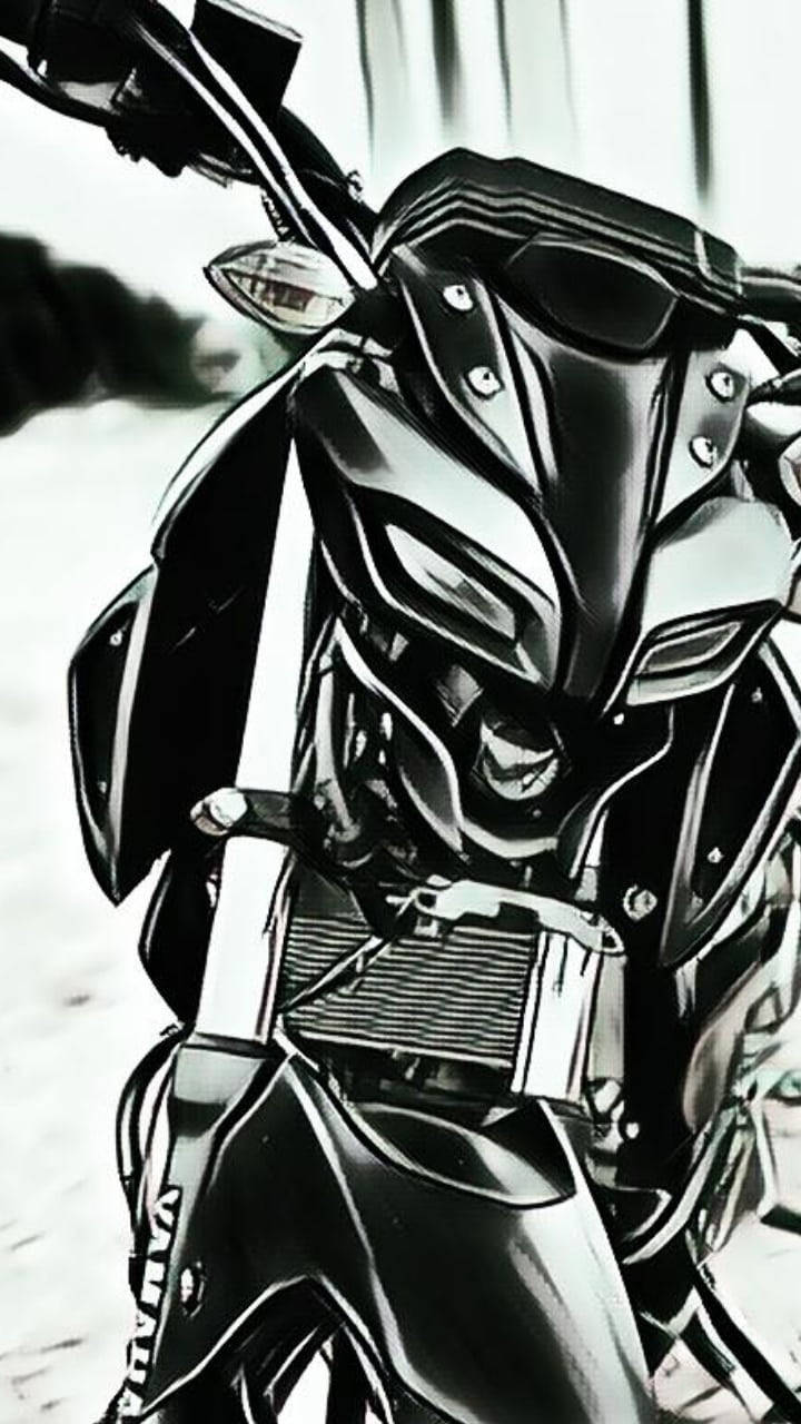 yamaha mt 15 桌布 壁紙 — 一輛時尚的Yamaha摩托車的戲劇性黑白特寫，具有銳利的棱角線條和反光的鍍鉻細節。