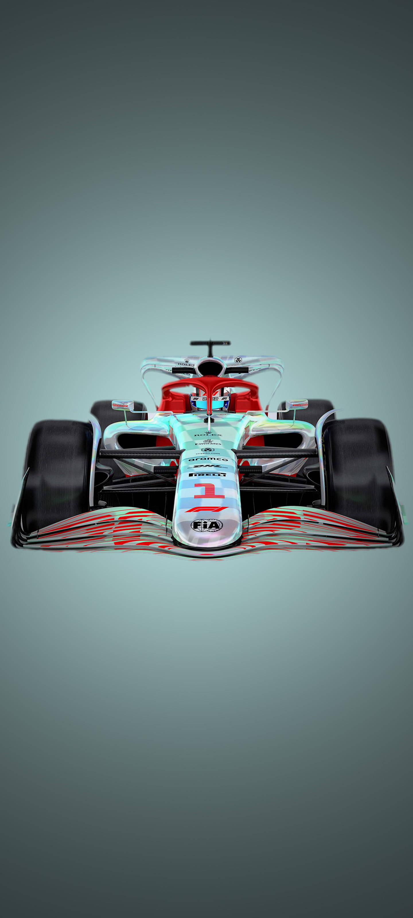 F1 桌布 壁紙 — 一輛時尚的一級方程式賽車，帶有數字一和紅色點綴，正面觀看，背景為灰色漸變。