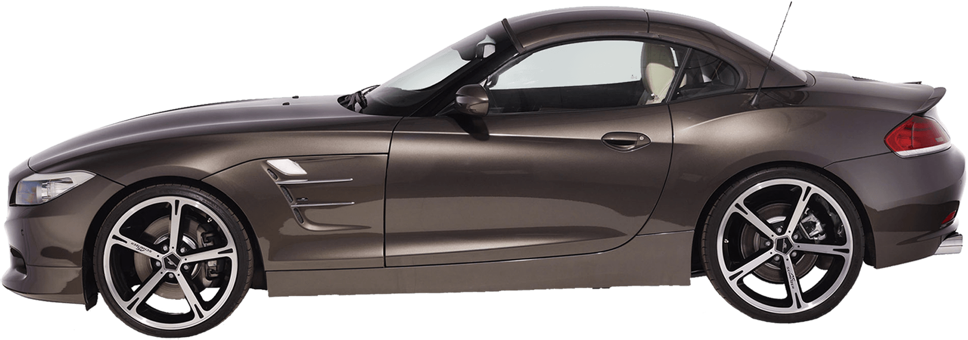 BMW 動圖 桌布 壁紙 — 一輛時尚的啞光棕色BMW Z4敞篷跑車，在透明背景上以側面輪廓展示。