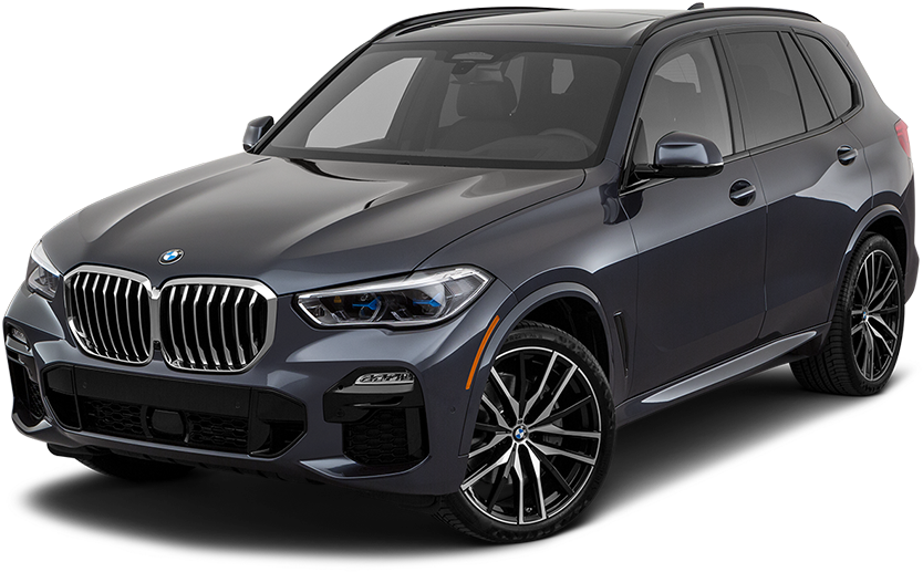 BMW 動圖 桌布 壁紙 — 一輛時尚的啞光灰色BMW X5 SUV，配備鍍鉻格柵和合金輪圈，在黑色背景的攝影棚燈光下展示。